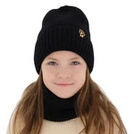 Czapka i komin dla dziewczynki zimowy komplet, czarny, 100% wełniana merino Nelita