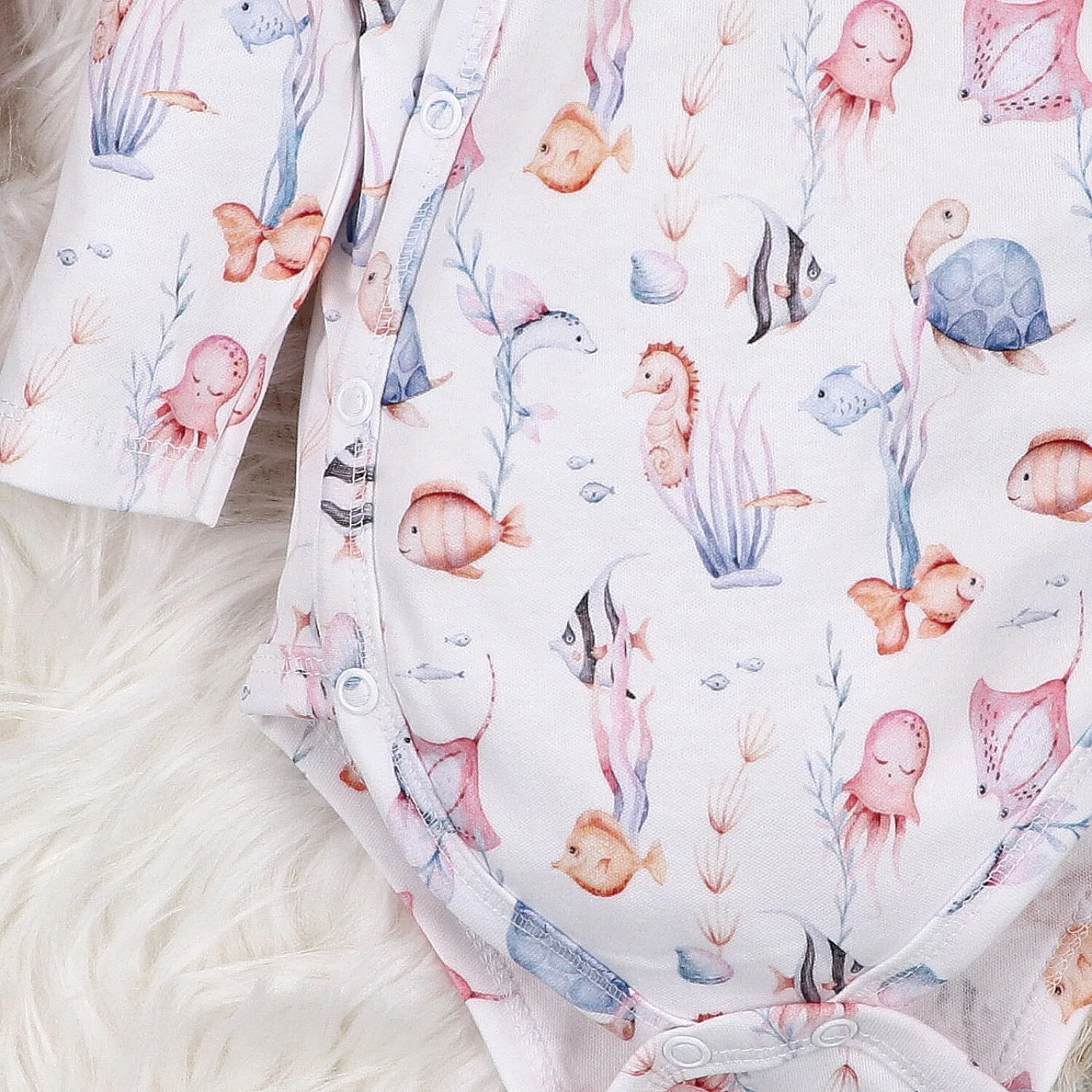 Body Kopertowe Z Długim Rękawem Underwater World Z Bawełny Organicznej Podwodne Zwierzątka Biały