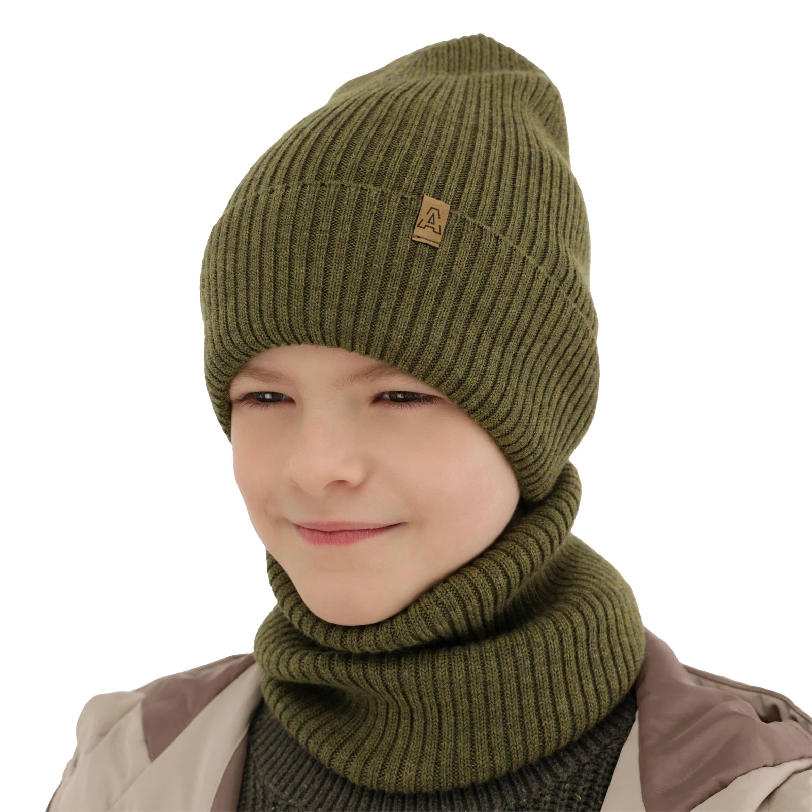 Czapka i komin dla chłopca jesienny, wiosenny komplet, brązowy, 100% wełniany merino Lemas