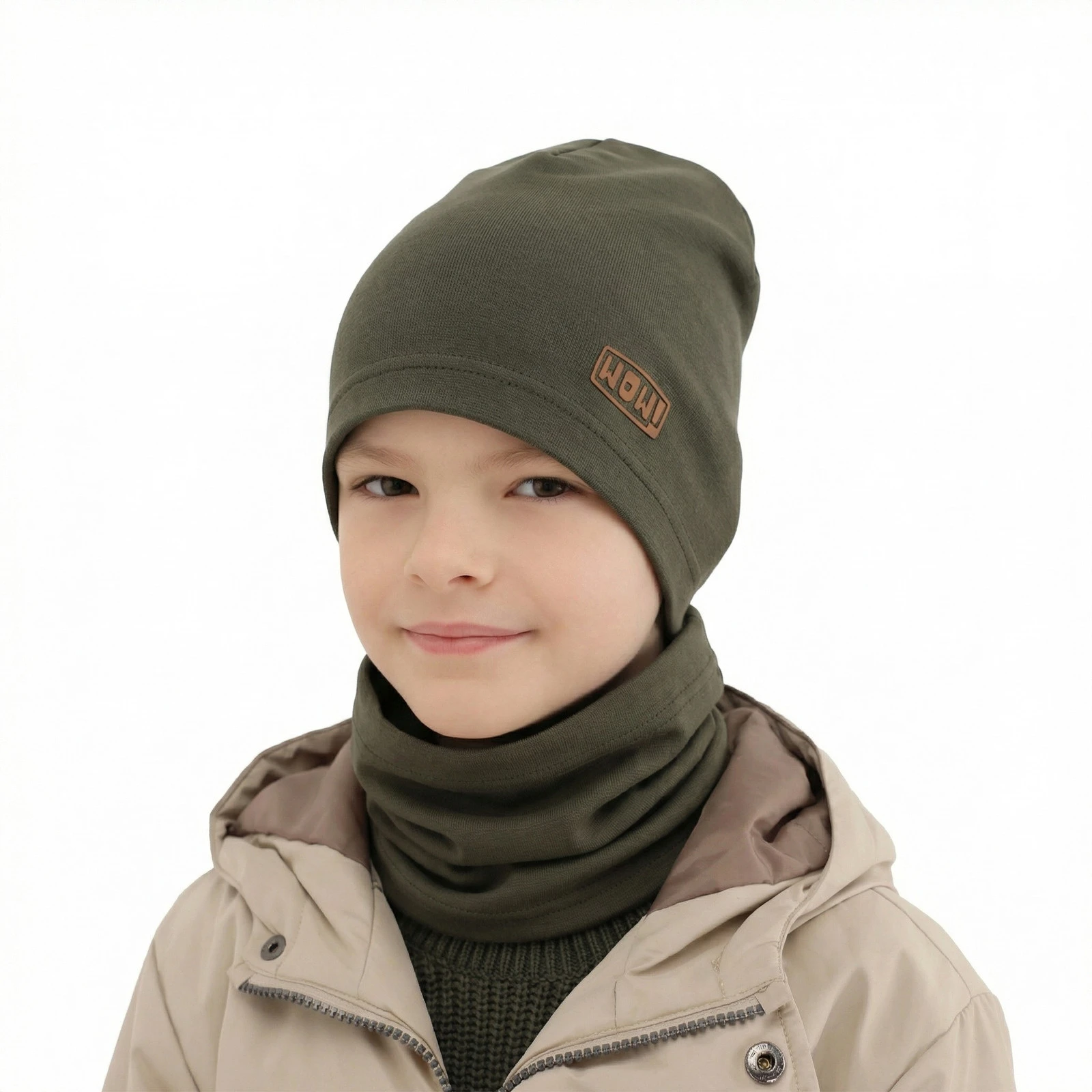 Czapka i komin dla chłopca jesienny, wiosenny komplet, khaki, bawełniany Frizer