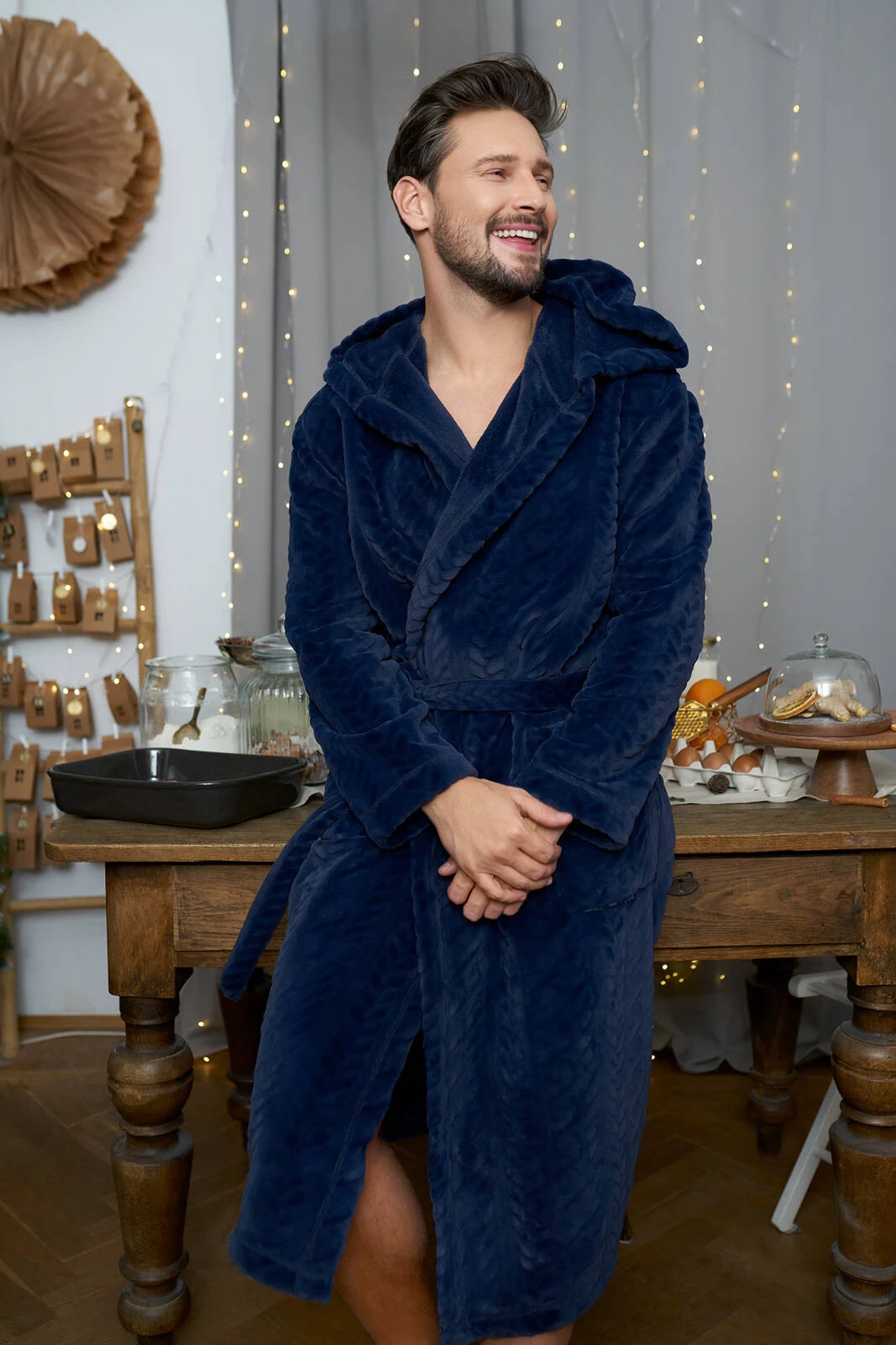 Zygmunt szlafrok męski długi rękaw granatowy