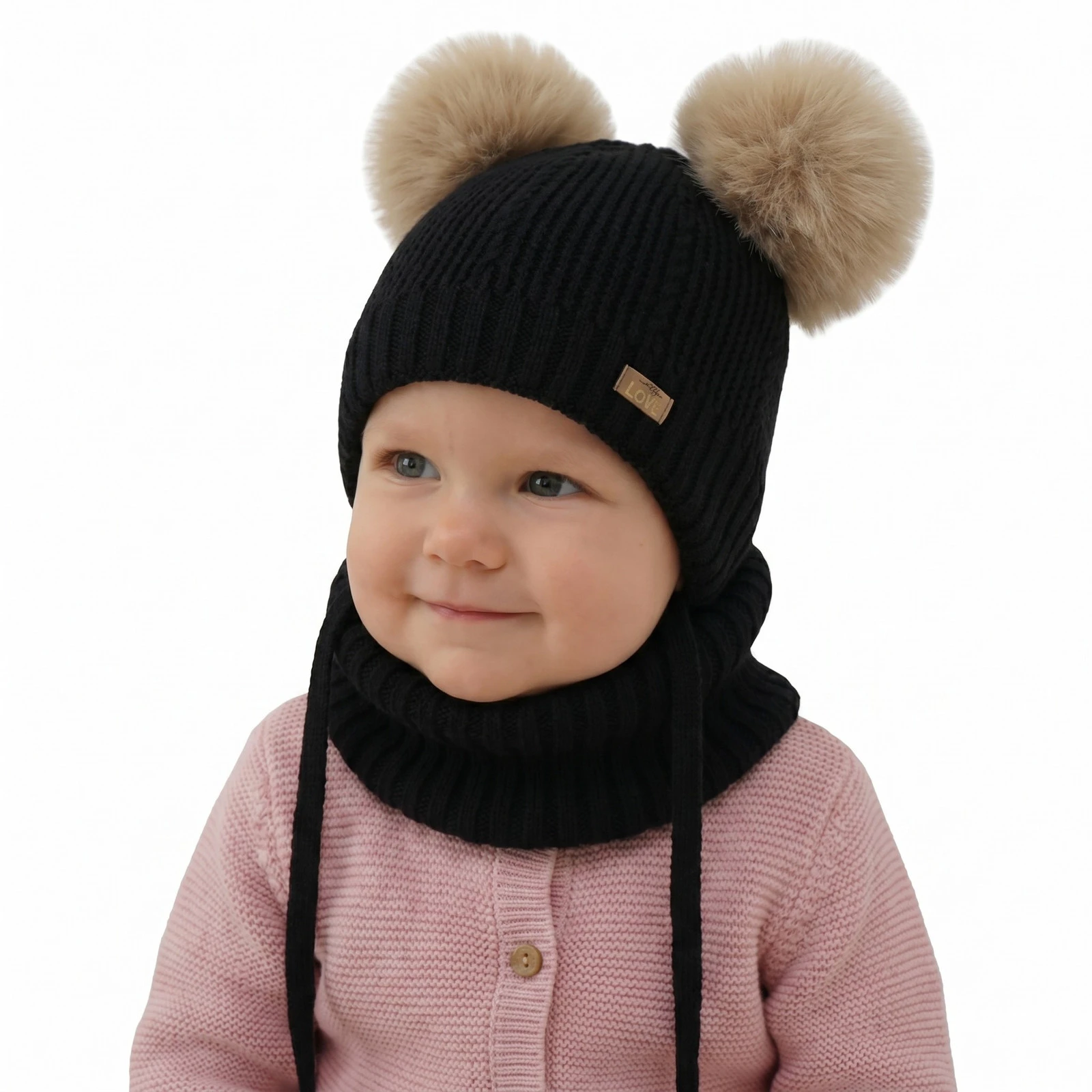 Czapka i komin dla dziewczynki, zimowy komplet, czarny, 100% wełniany merino, podszyty polarem wełnianym, Lumia