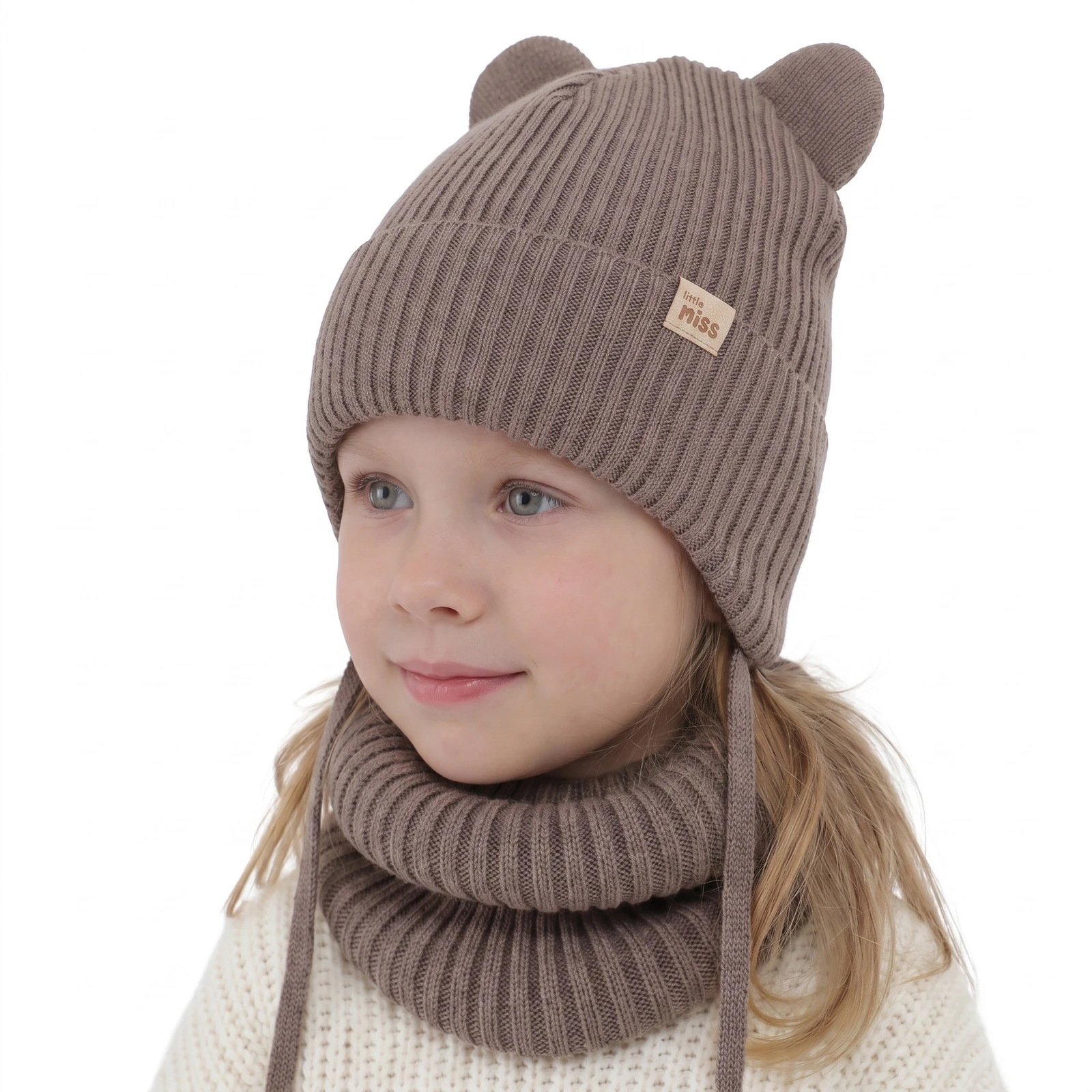 Czapka i komin dla dziewczynki zimowy komplet, ciemnobeżowy, 100% wełniany merino, podszyty bawełną, Frosta