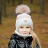 Czapka i komin dla dziewczynki zimowy komplet, kremowy, z pomponem, wiązana Riviera
