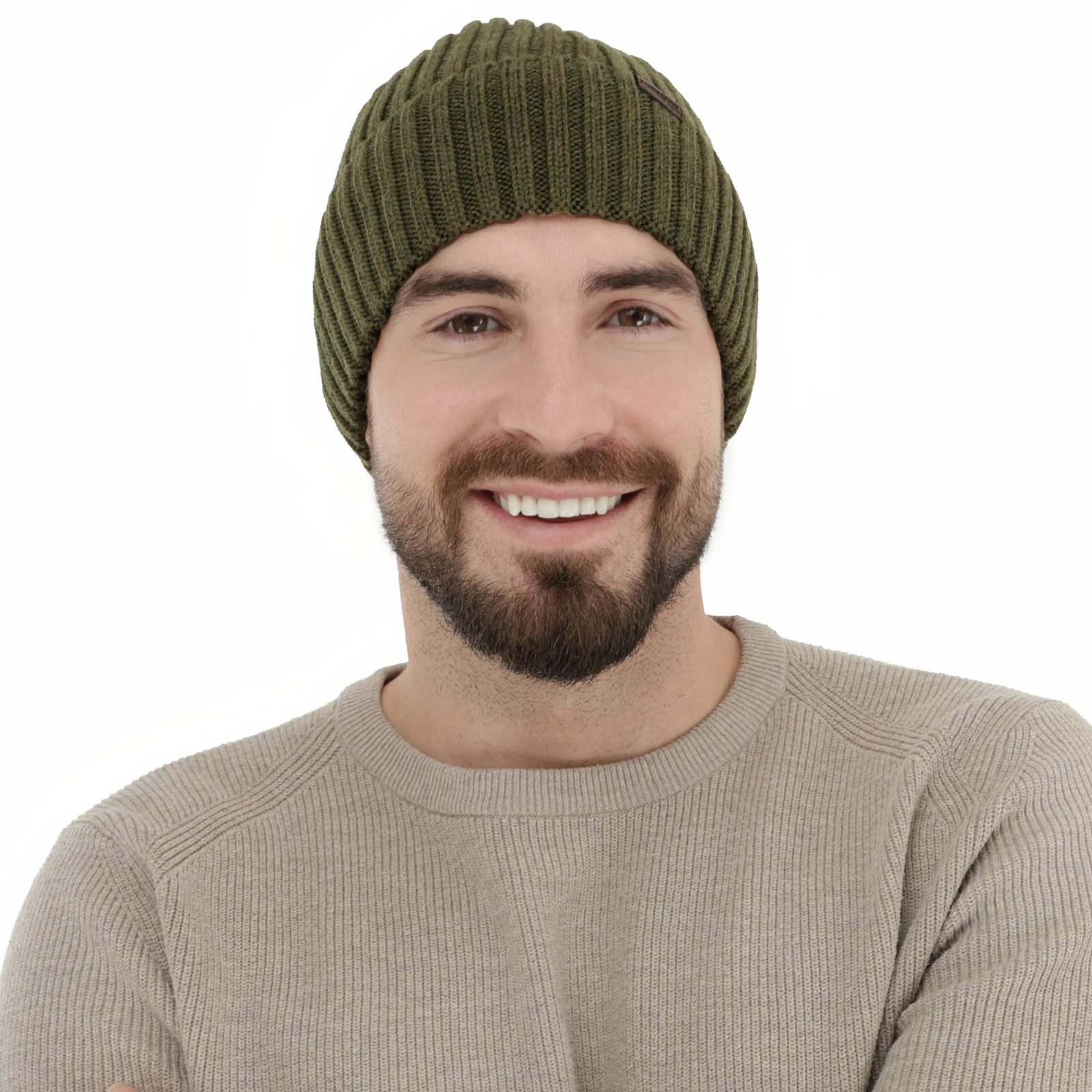 Czapka zimowa męska, khaki, 100% wełniana merino Brevin
