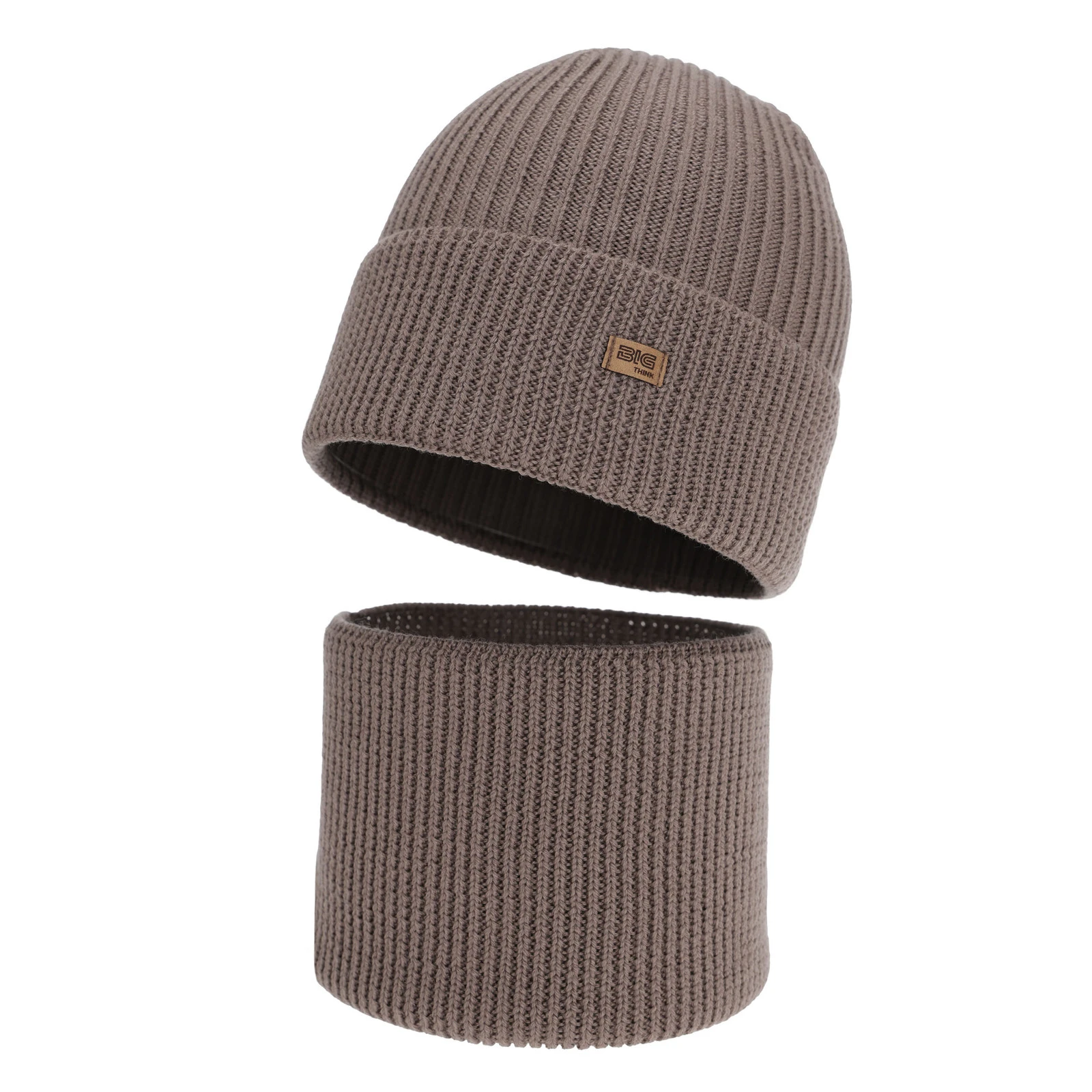 Czapka i komin dla chłopca, zimowy komplet, 100% wełniany merino, ciemnobeżowy Loen