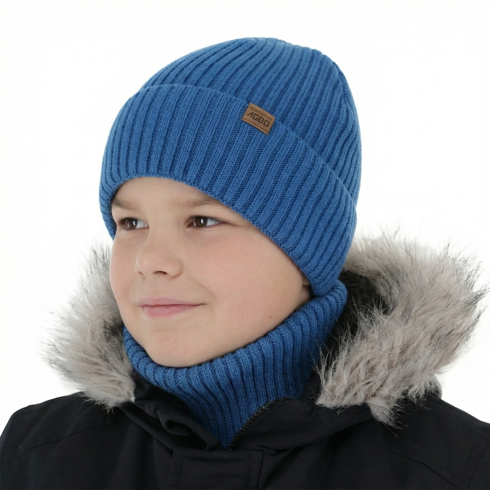 Czapka i komin dla chłopca, zimowy komplet, 100% wełniany merino, z podszyciem z wełny merino, niebieski Domin