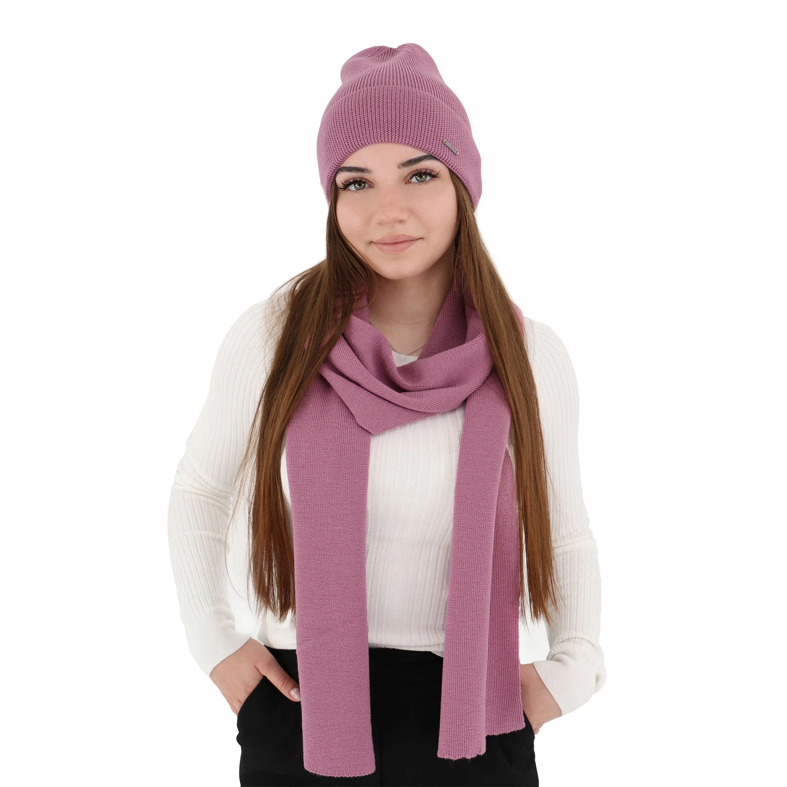 Czapka i szalik damski zimowy komplet, wrzosowy, 100% wełniana merino Melpomena