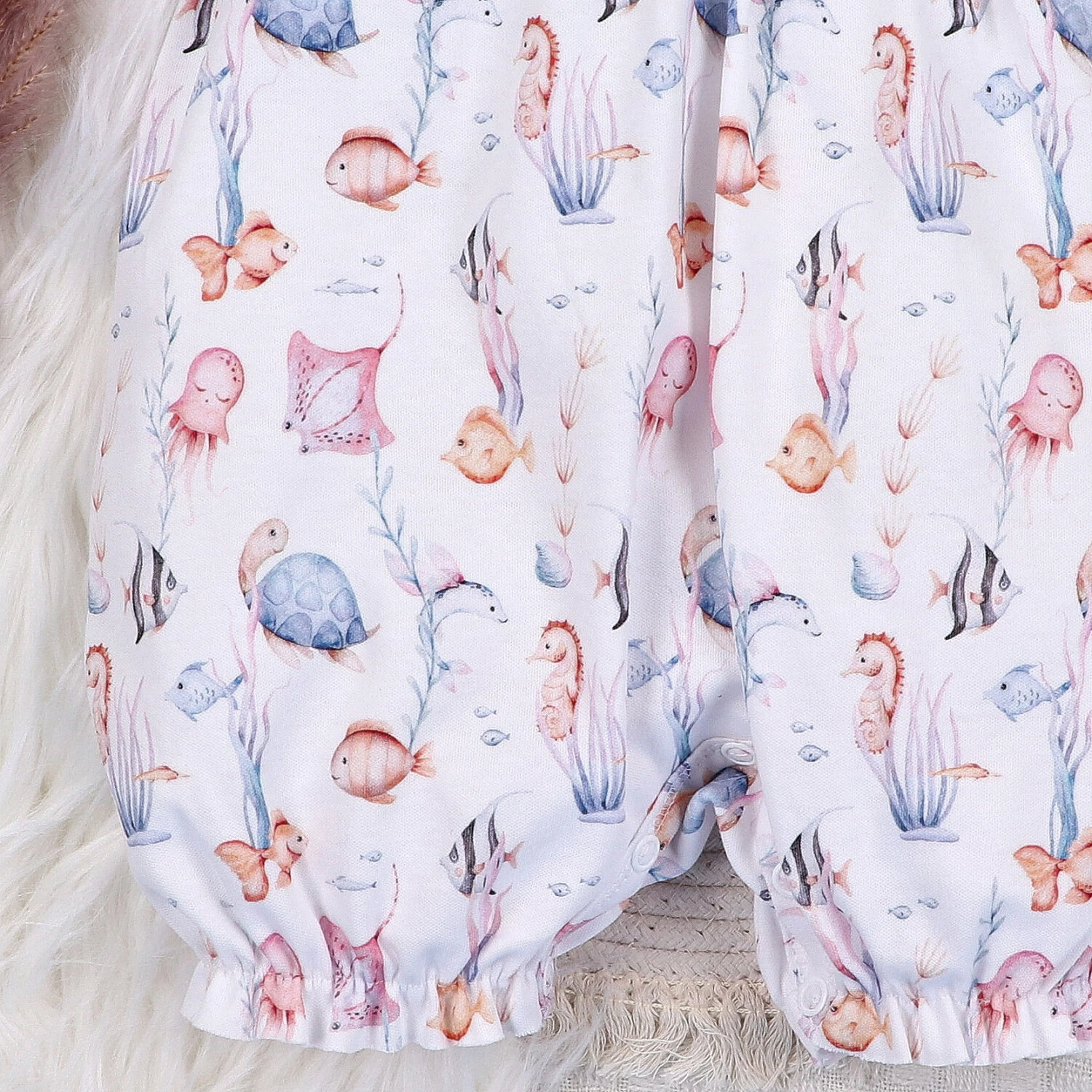 Rampers Niemowlęcy Underwater World Z Bawełny Organicznej Podwodne Zwierzątka Biały