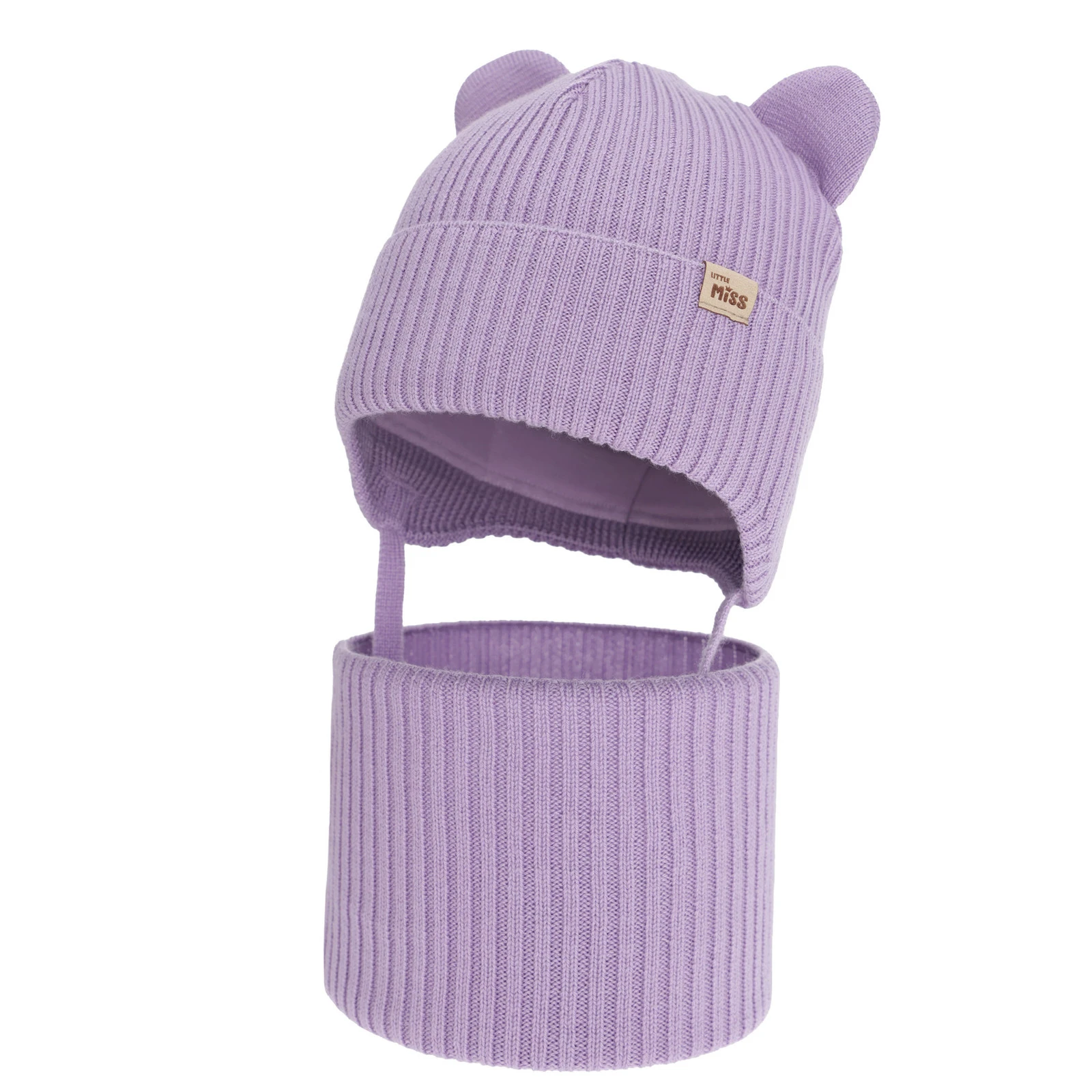 Czapka i komin dla dziewczynki zimowy komplet, fioletowy, 100% wełniany merino, podszyty bawełną, Frosta
