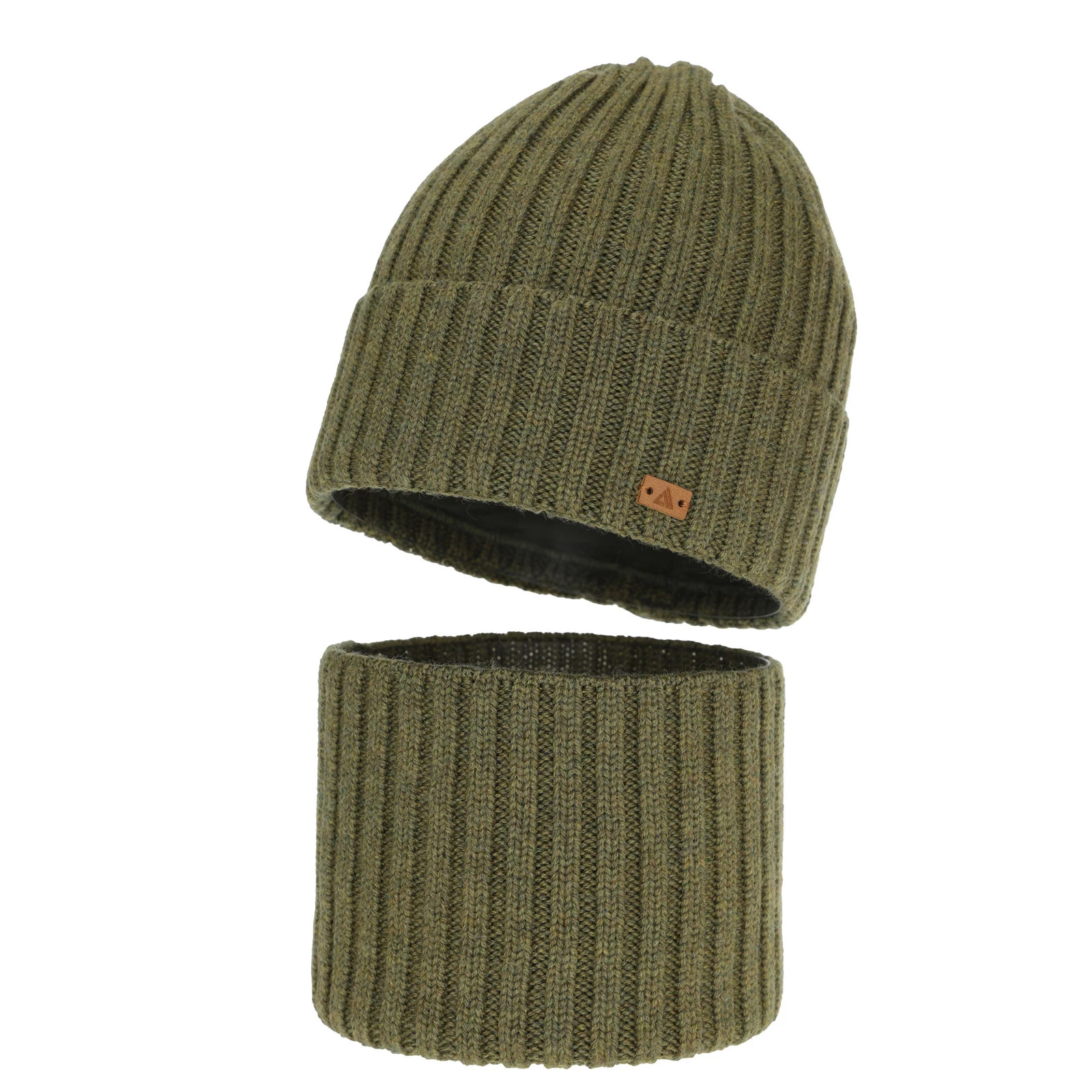 Czapka i komin dla chłopca, zimowy komplet, 100% wełniany merino, khaki Umberto