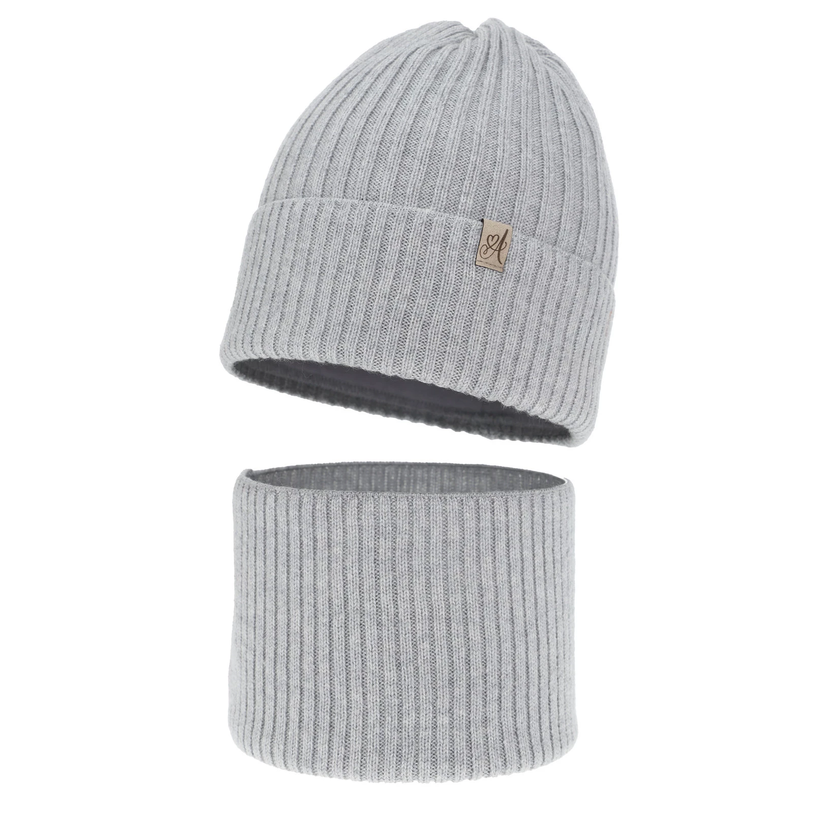 Czapka i komin dla dziewczynki, zimowy komplet, szary, 100% wełniany merino, Patricia