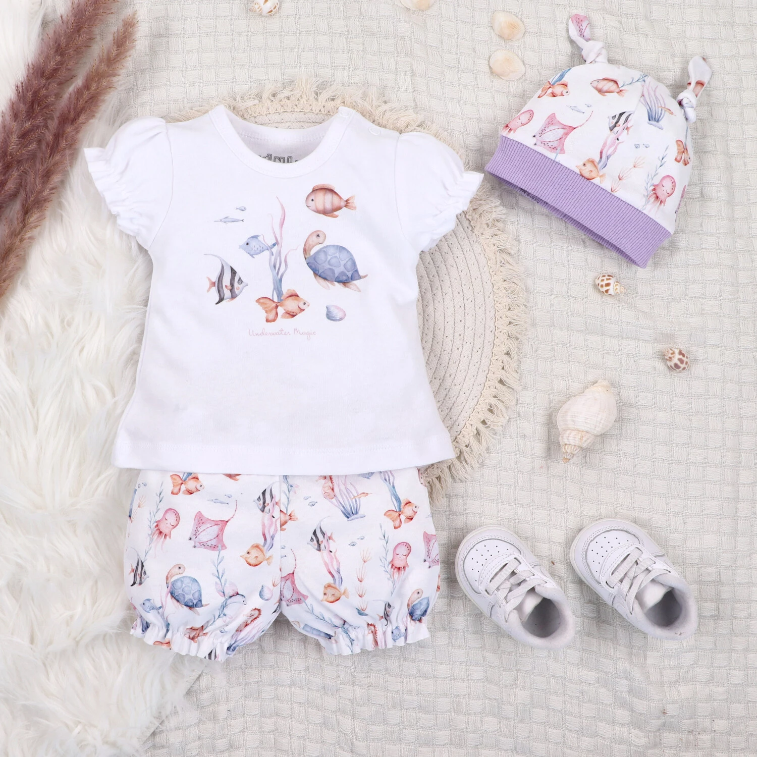 T-shirt Niemowlęcy Underwater World Z Bawełny Organicznej Podwodne Zwierzątka Biały