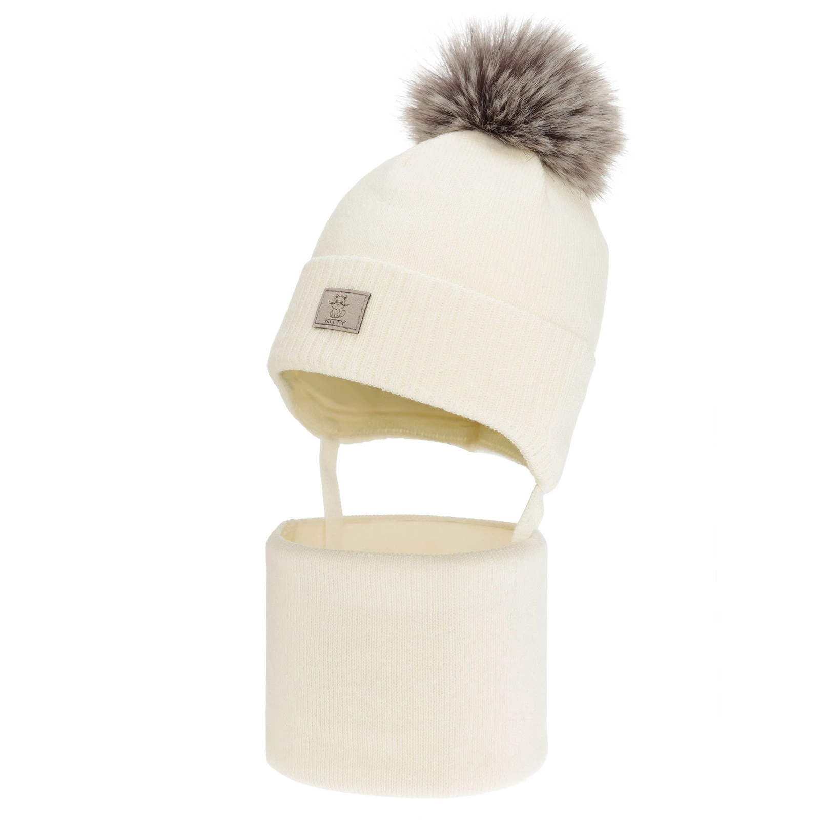 Czapka i komin dla dziewczynki zimowy komplet, kremowy, 100% wełniany merino, podszyty bawełną, Senira