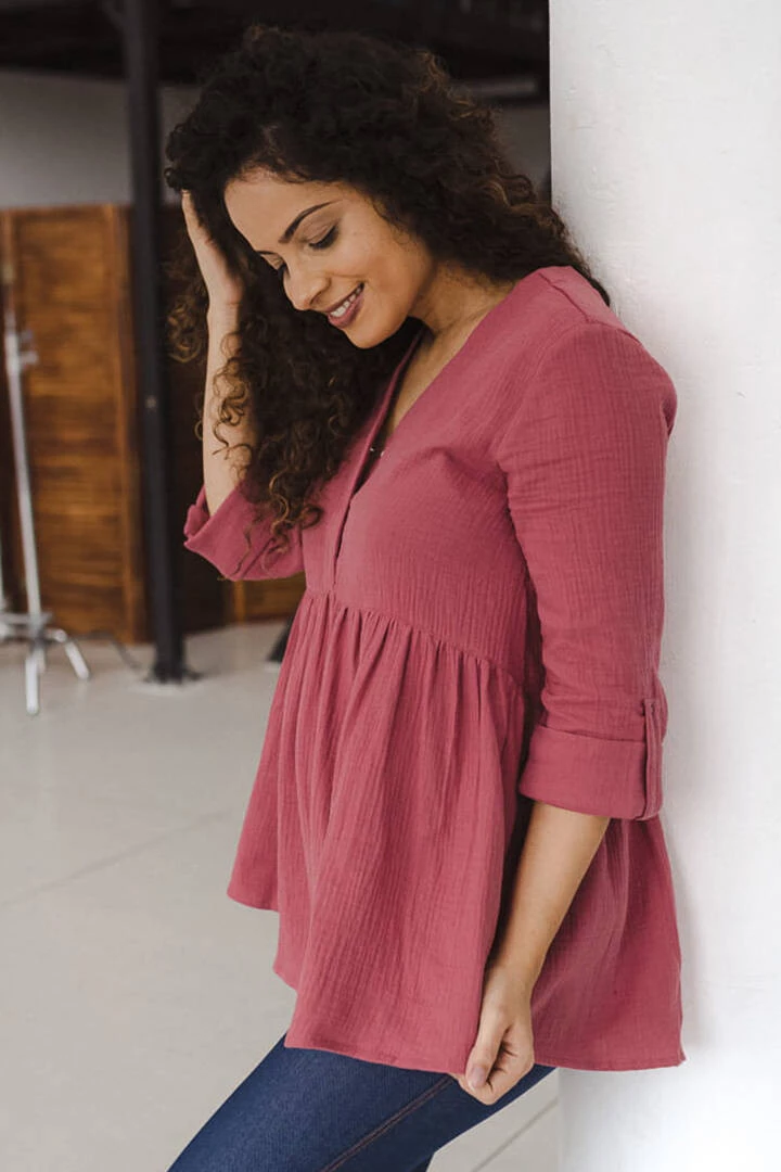 Tunika ciążowa z muślinu organicznego GOTS Mother Nature dusty cedar