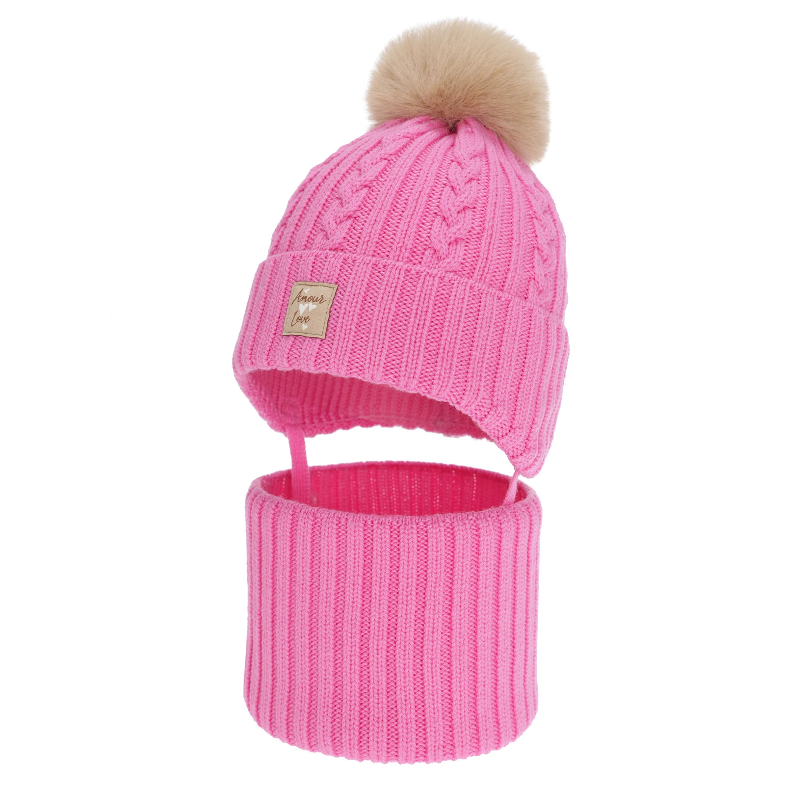 Czapka i komin dla dziewczynki, zimowy komplet, różowy, 100% wełniany merino, z pomponem Vratna