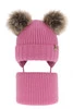 Czapka i komin dla dziewczynki zimowy komplet, różowy, 100% wełniany merino, z dwoma pomponami, wiązany Silvia