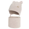 Czapka i komin dla dziewczynki zimowy komplet, beżowy, 100% wełniany merino, podszyty bawełną, Frosta