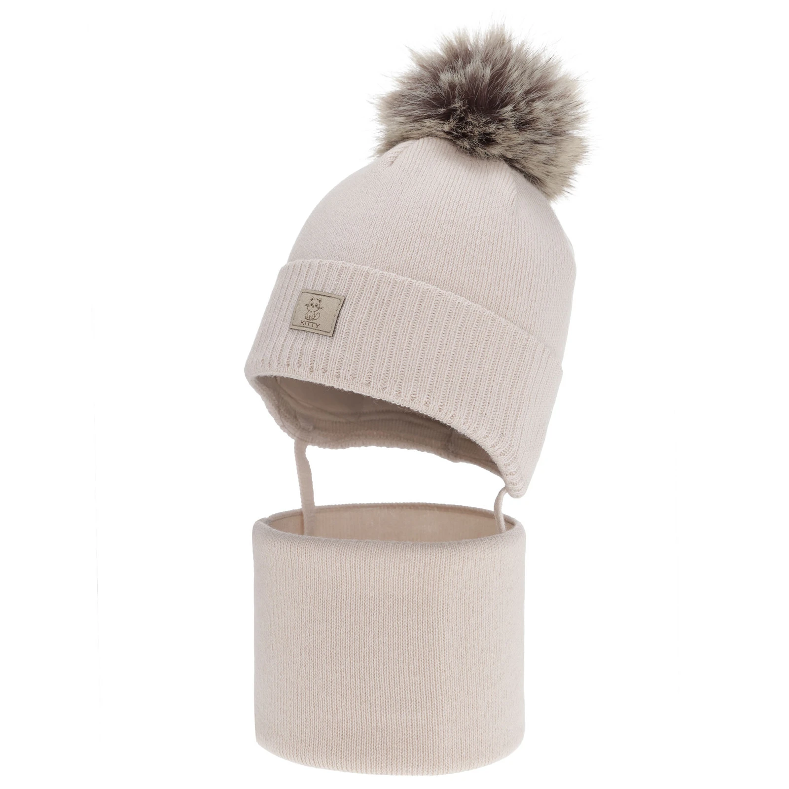 Czapka i komin dla dziewczynki zimowy komplet, beżowy, 100% wełniany merino, podszyty bawełną, Senira