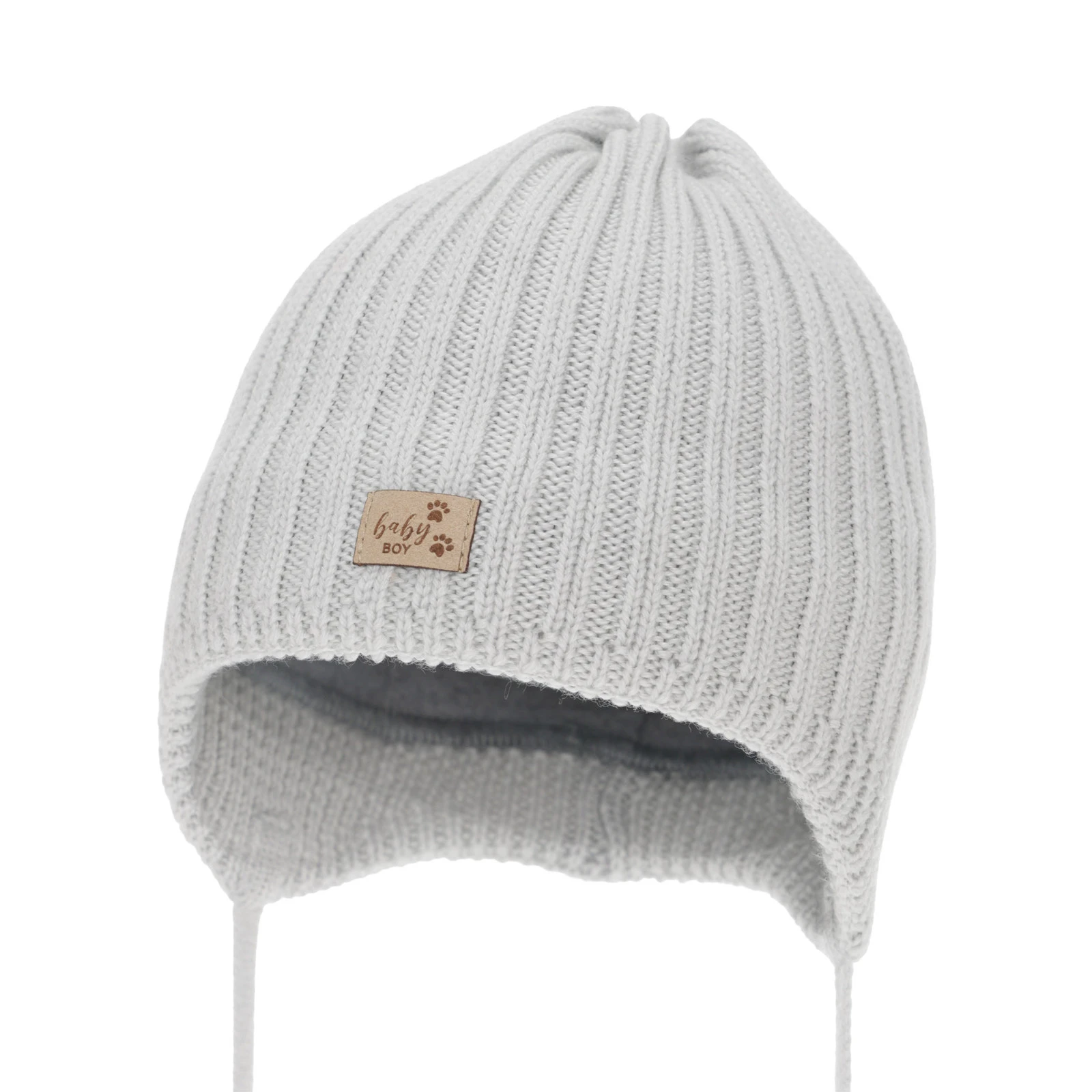 Czapka zimowa dla chłopca, szara, wiązana, 100% wełniana merino, podszyta polarem merino, Buno