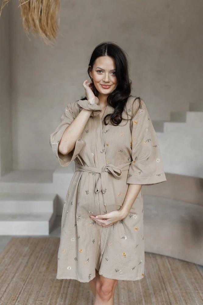 Szlafrok kimono ciążowe z muślinu HERBAL LATTE