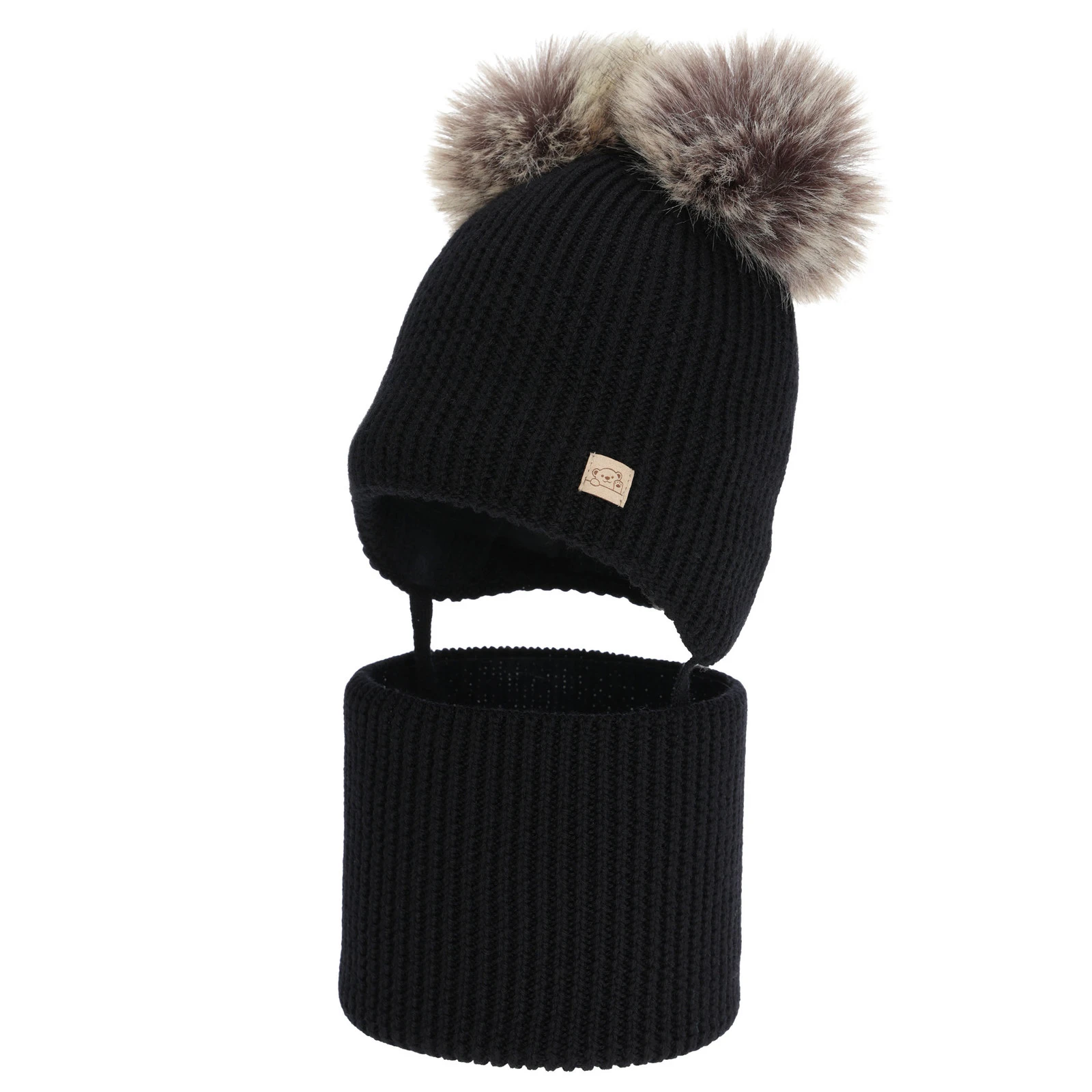 Czapka i komin dla chłopca, zimowy komplet, czarny, 100% wełniany merino, podszyty polarem wełnianym, Riks