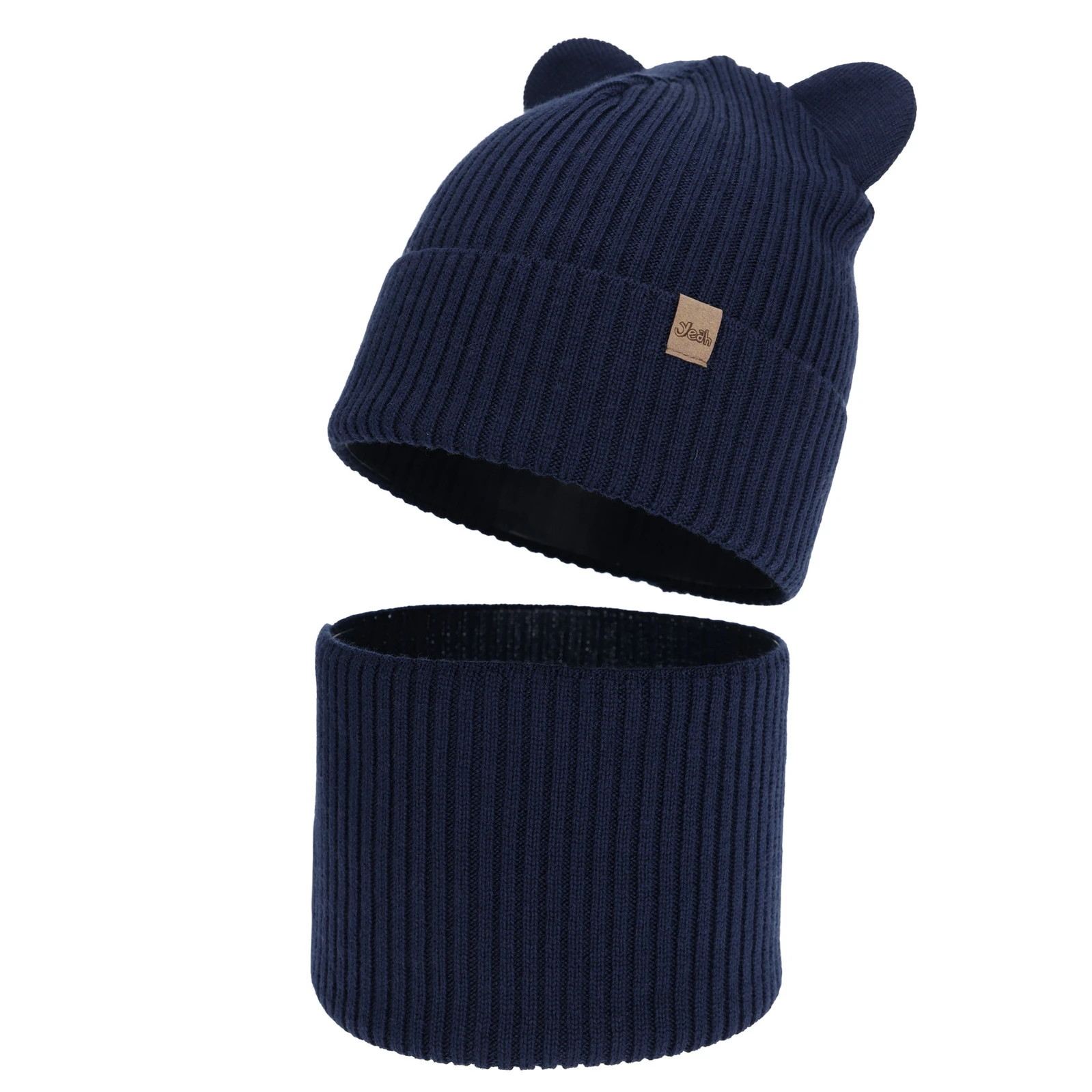 Czapka i komin dla chłopca jesienny, wiosenny komplet, granatowy, 100% wełniany merino Alviro