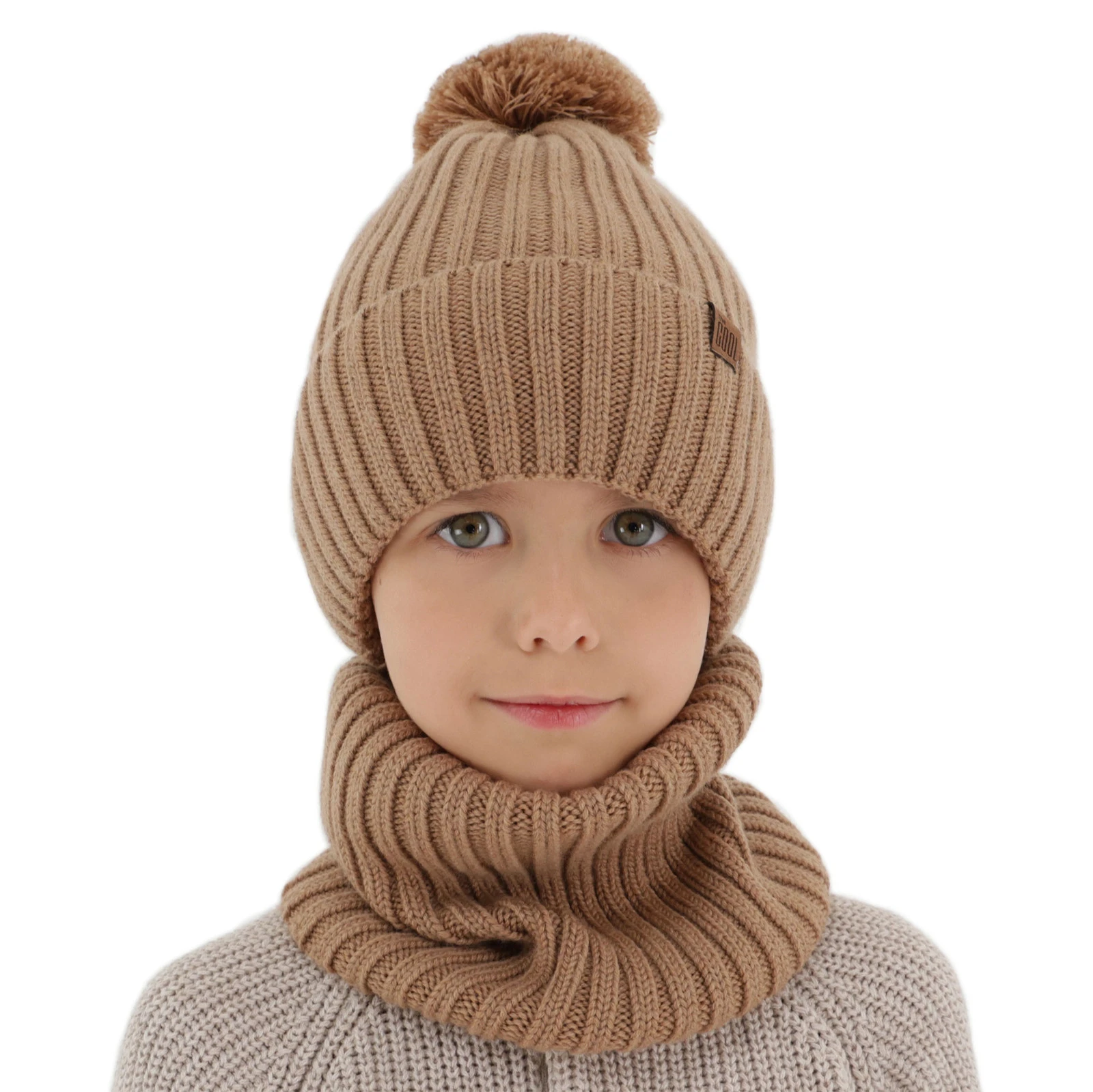 Czapka i komin dla chłopca, zimowy komplet, 100% wełniany merino, z podszyciem bawełnianym, camel Tolmar