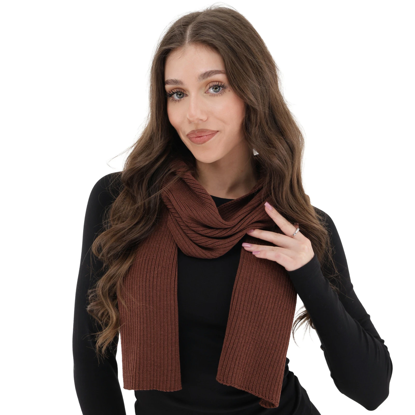 Szalik zimowy damski, brązowy, 100% wełniany merino, Jessica