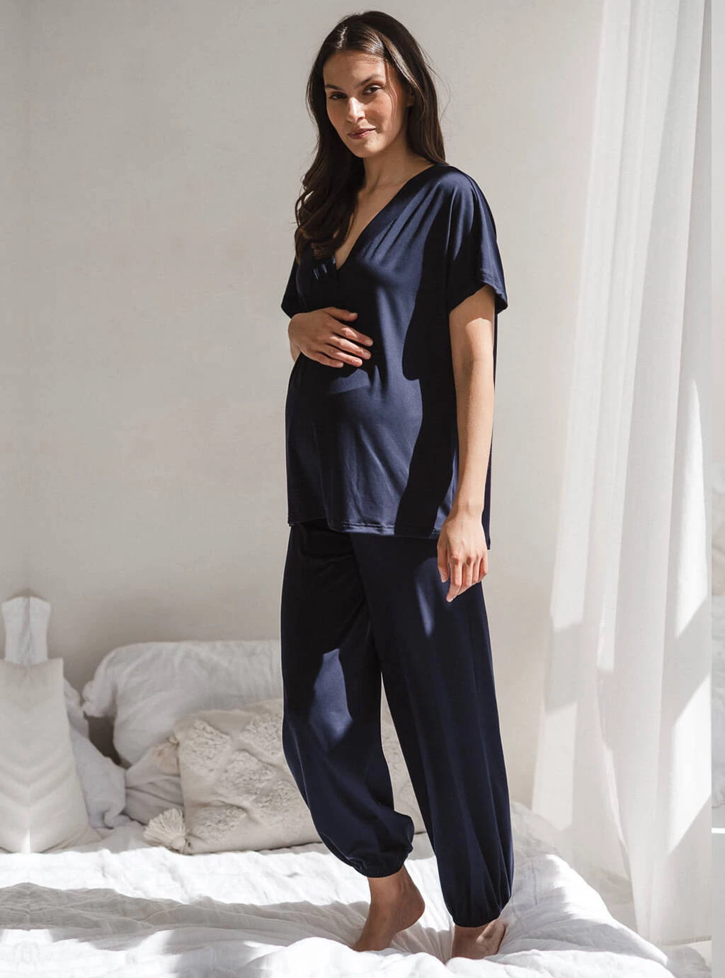 Bambusowe spodnie od piżamy ciążowej Moon długie granatowe