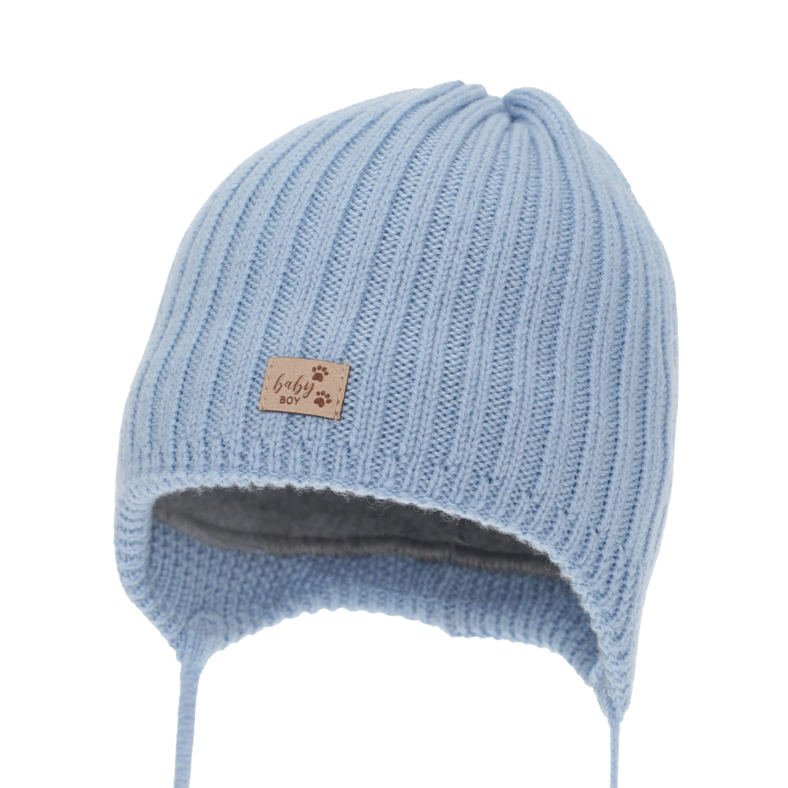 Czapka zimowa dla chłopca, jasnoniebieska, wiązana, 100% wełniana merino, podszyta polarem merino, Buno