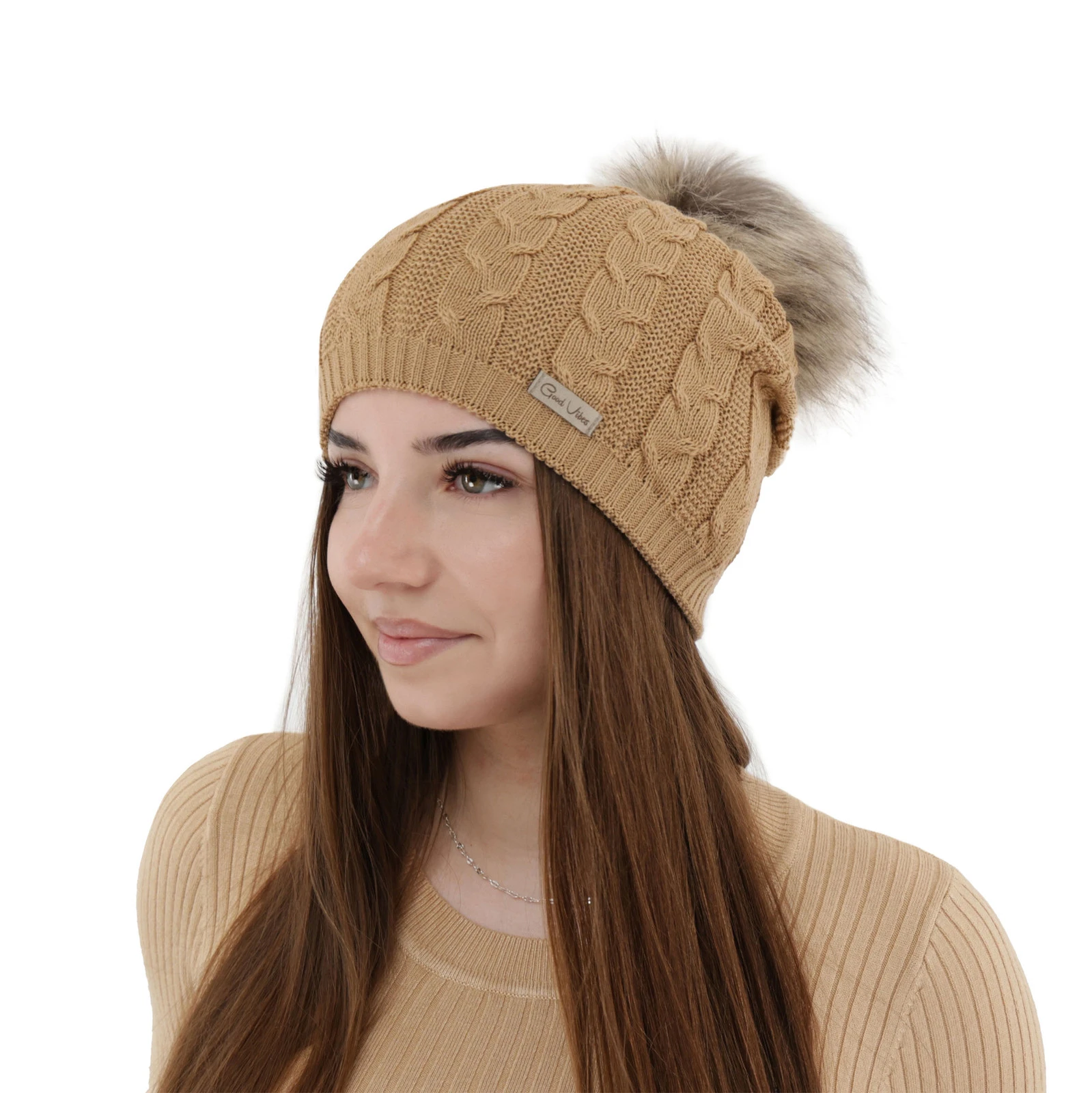 Czapka zimowa damska, camel, z wełną merino Bafi