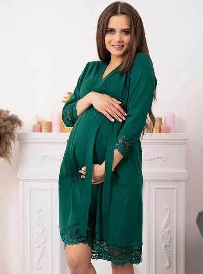 Szlafrok Ciążowy Koronka Grace - butelkowa zieleń
