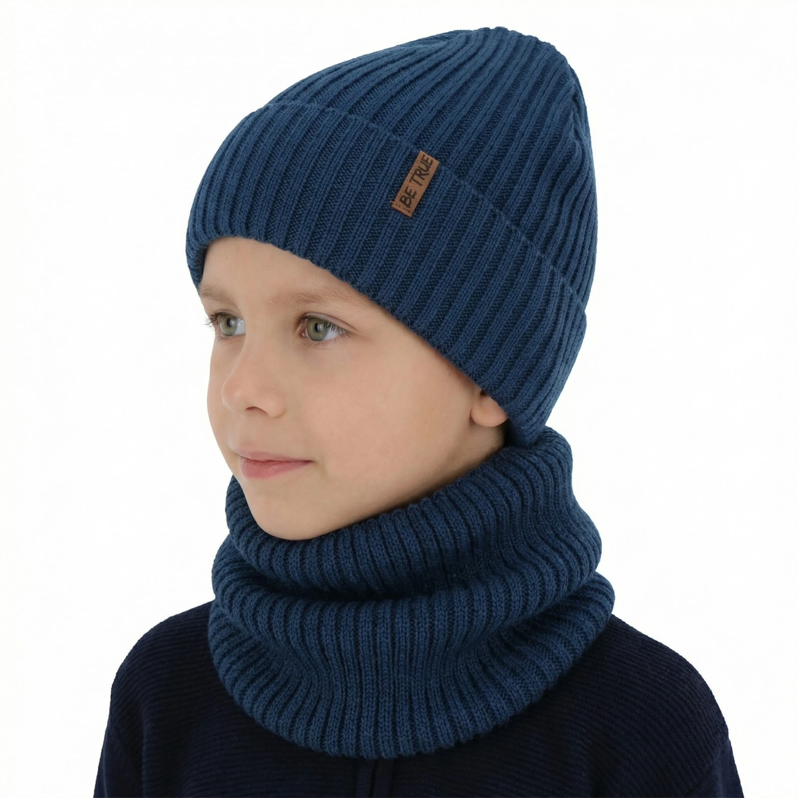 Czapka i komin podszyty bawełną dla chłopca zimowy komplet, niebieski, z wełną merino, Colton