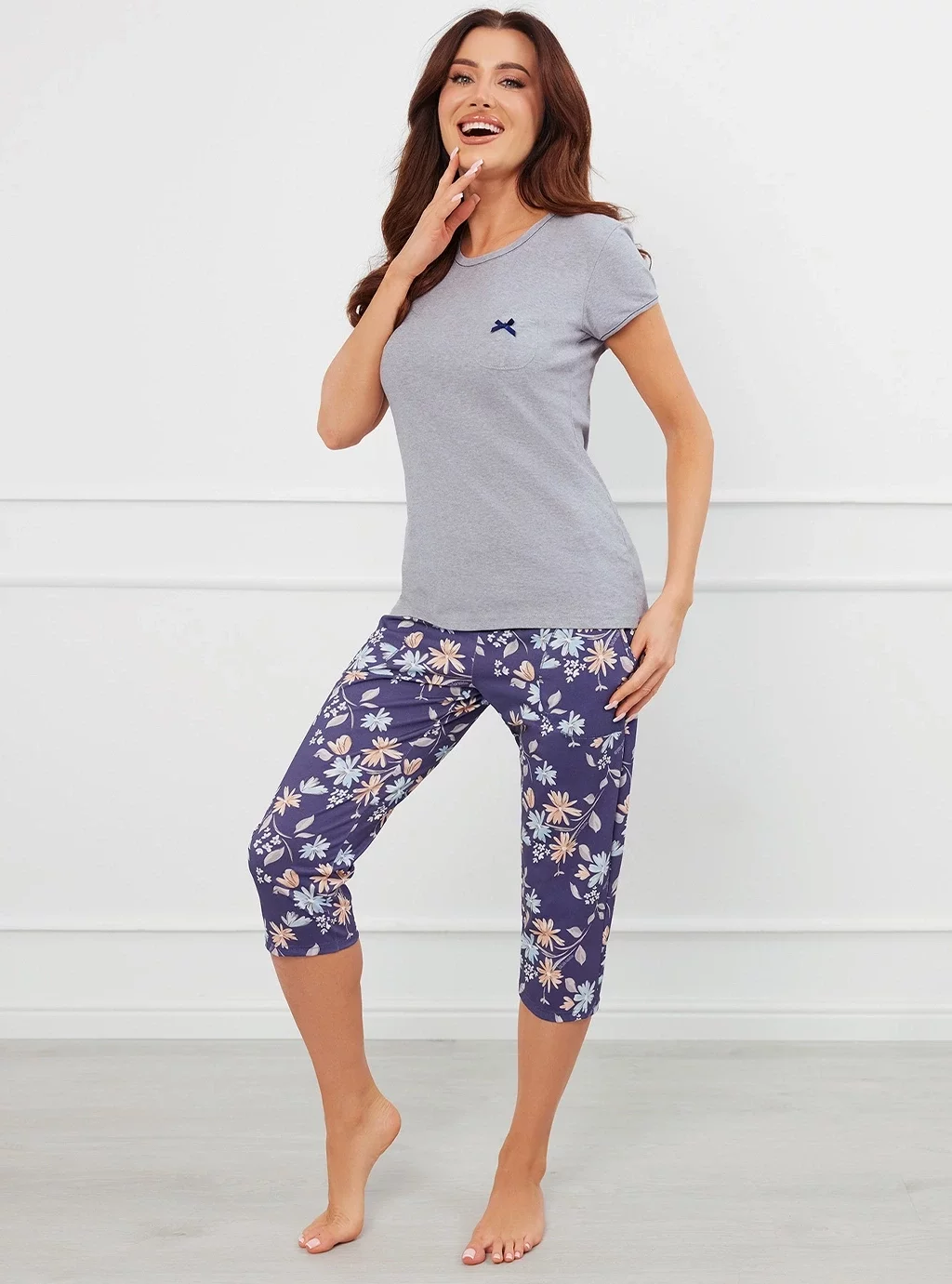 Pulia piżama damska krótki rękaw, 3/4 spodnie - melange