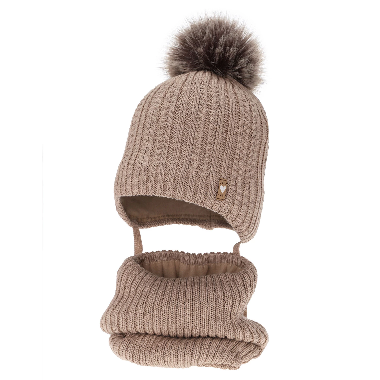 Czapka i komin dla dziewczynki zimowy komplet, beżowy, z wełną merino, z pomponem, wiązany Muanda