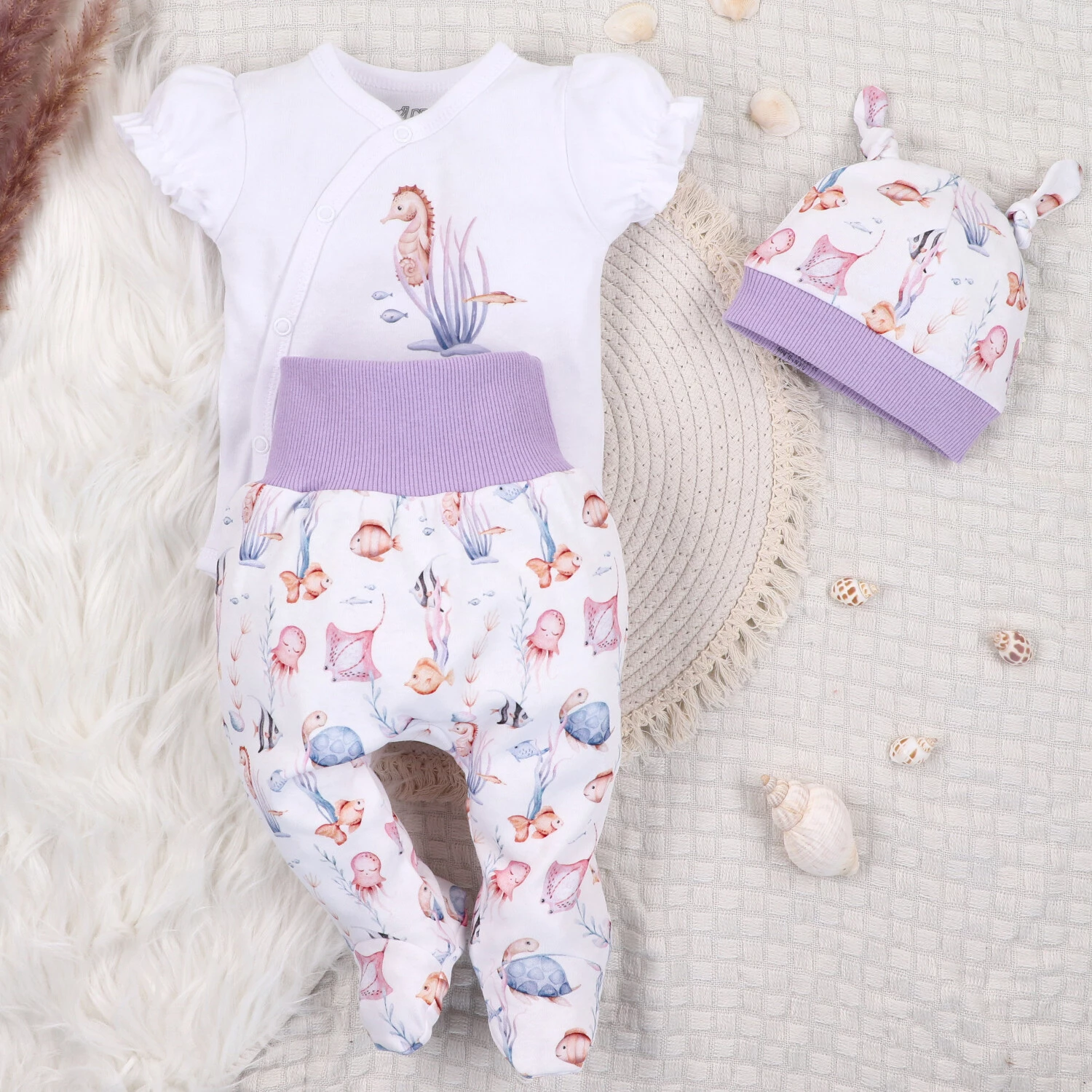 Body Kopertowe Z Krótkim Rękawem Underwater World Z Bawełny Organicznej Konik Morski Biały