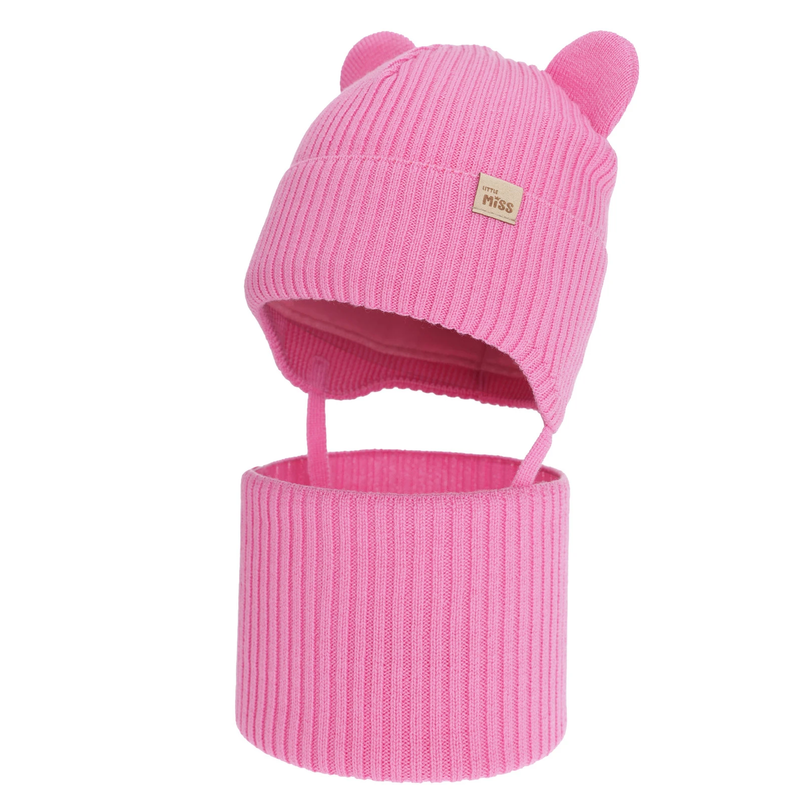Czapka i komin dla dziewczynki zimowy komplet, różowy, 100% wełniany merino, podszyty bawełną, Frosta