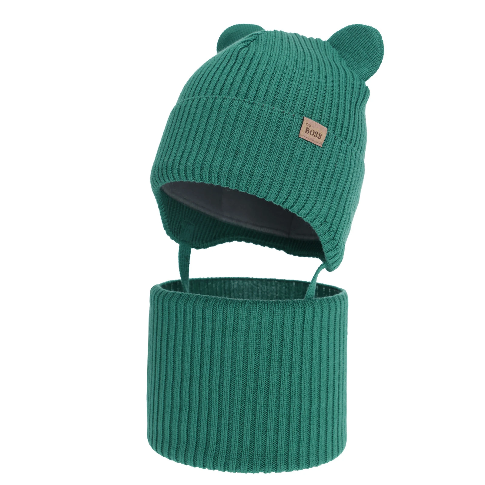 Czapka i komin dla chłopca zimowy komplet, szmaragdowy, 100% wełniany merino,  podszyty bawełną, Flurix