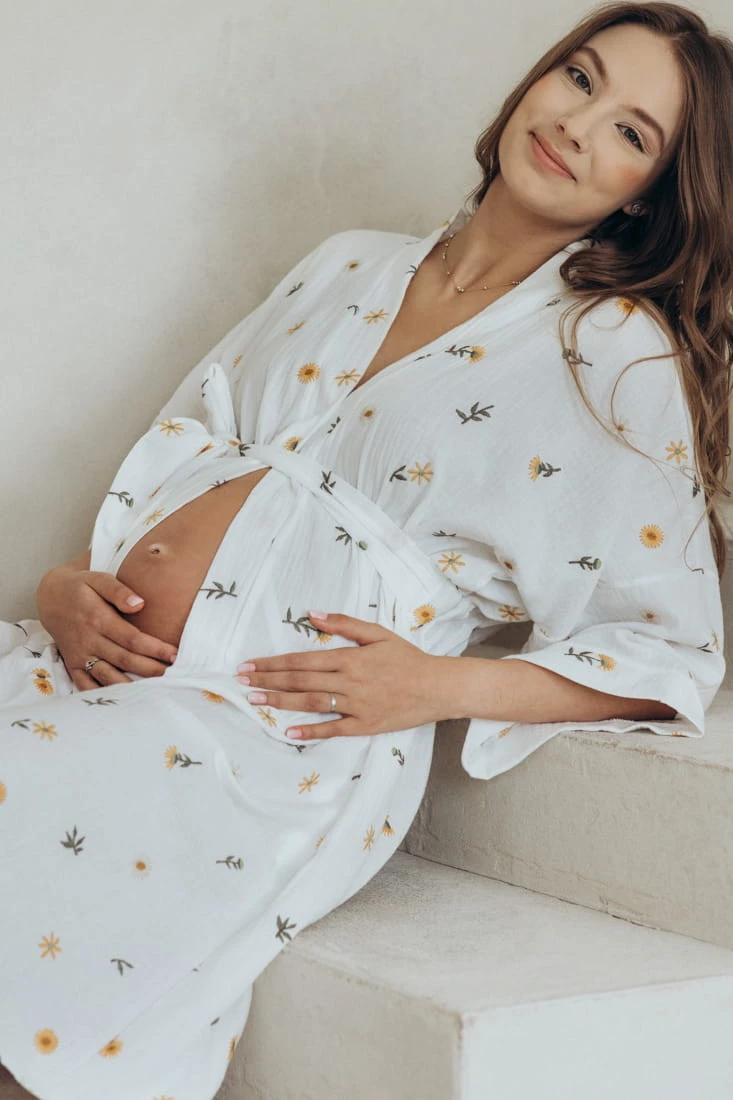 Szlafrok kimono ciążowe z muślinu HERBAL LATTE biały