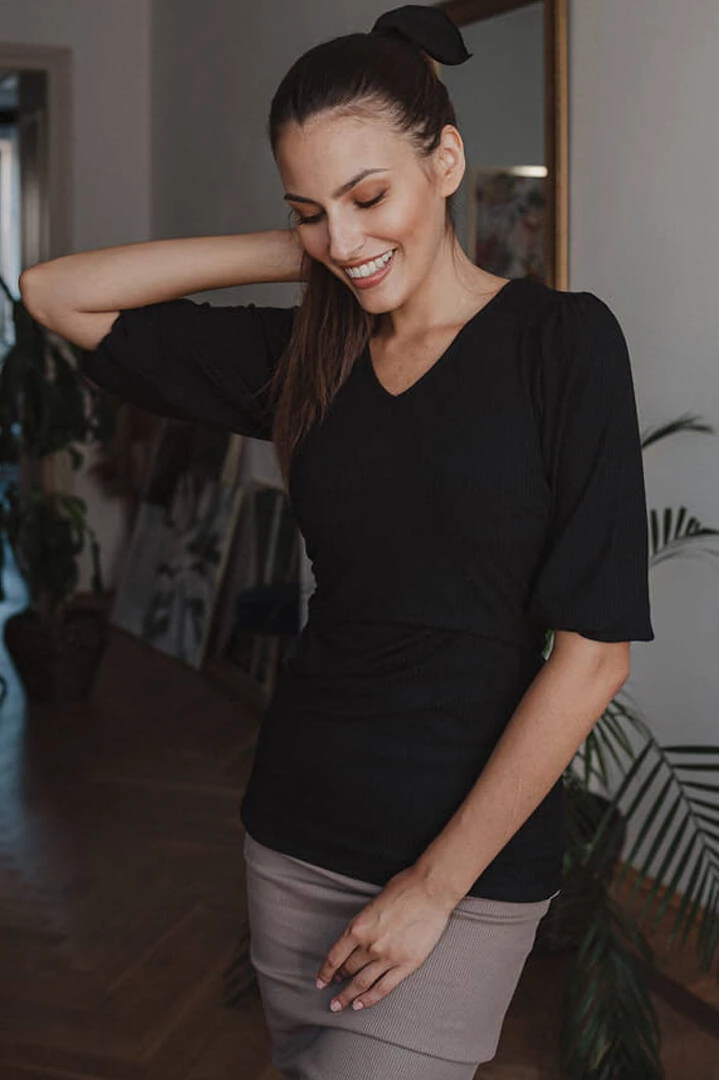 Bluzka ciążowa i do karmienia z dzianiny w prążek Milky Puff czarna