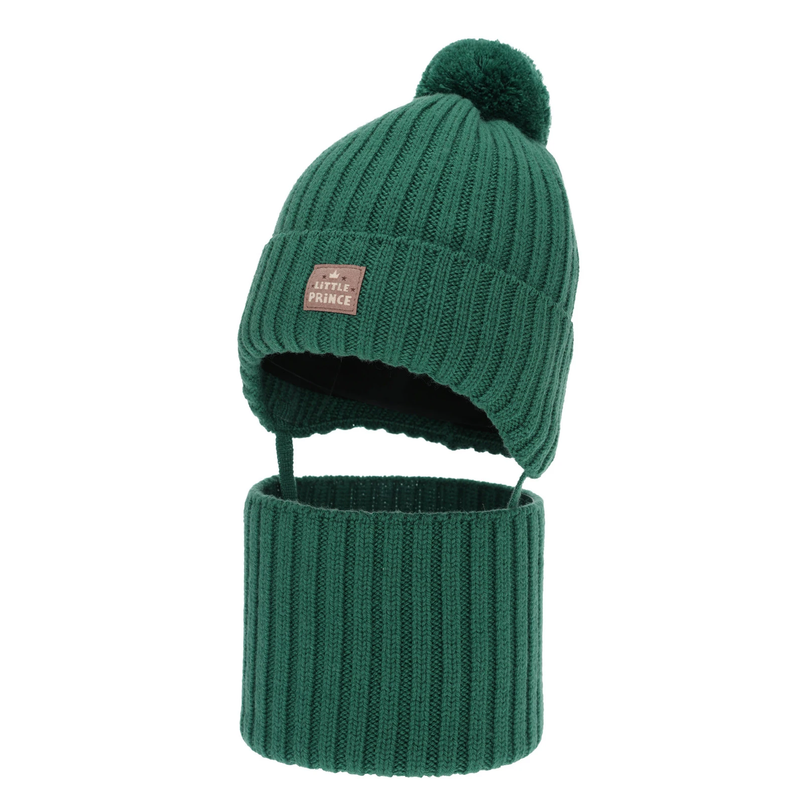 Czapka i komin dla chłopca zimowy komplet, szmaragdowy, 100% wełniany merino,  podszyty bawełną, wiązany Masil