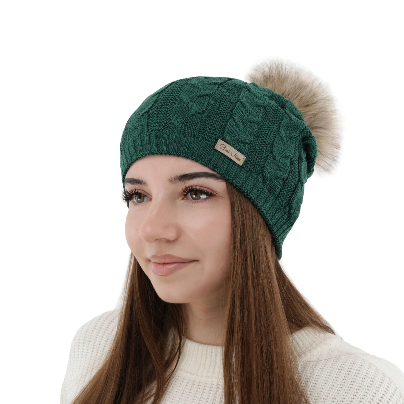 Czapka zimowa damska, zielona, z wełną merino Bafi