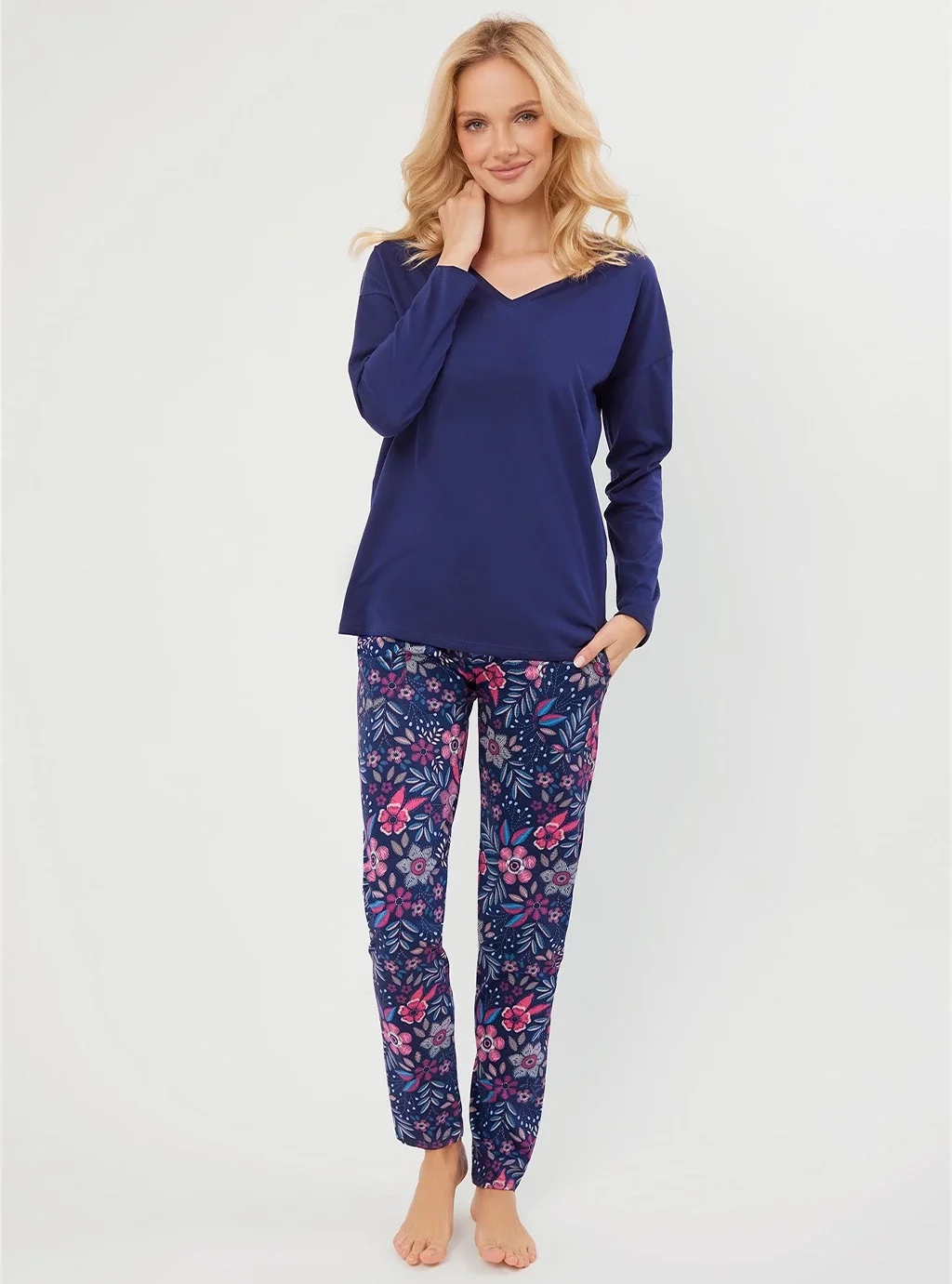 Folk piżama damska długi rękaw - granat