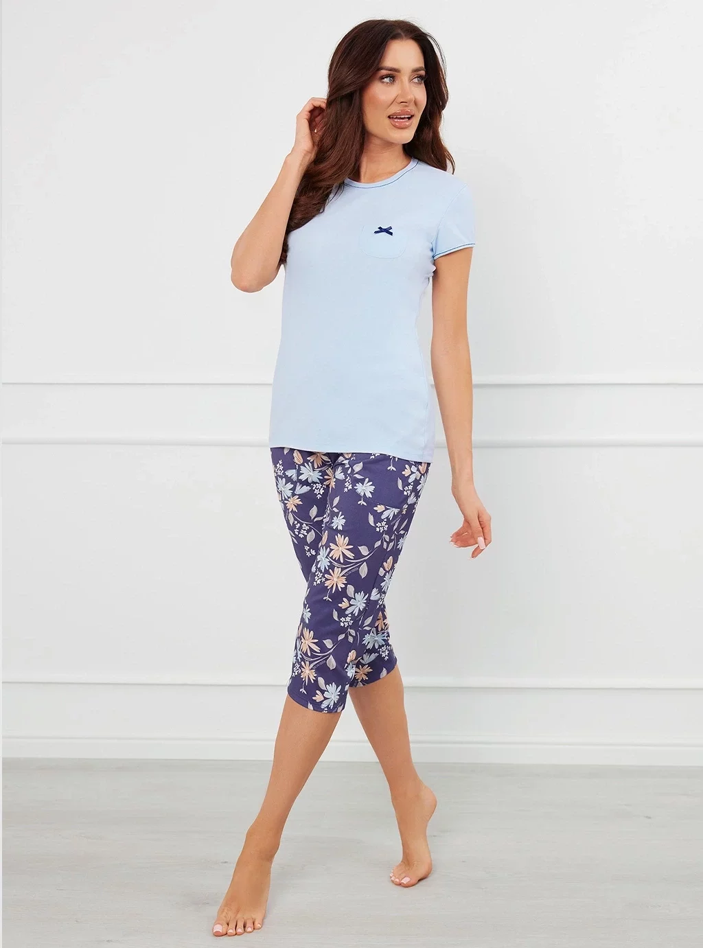 Pulia piżama damska krótki rękaw, 3/4 spodnie - niebieski