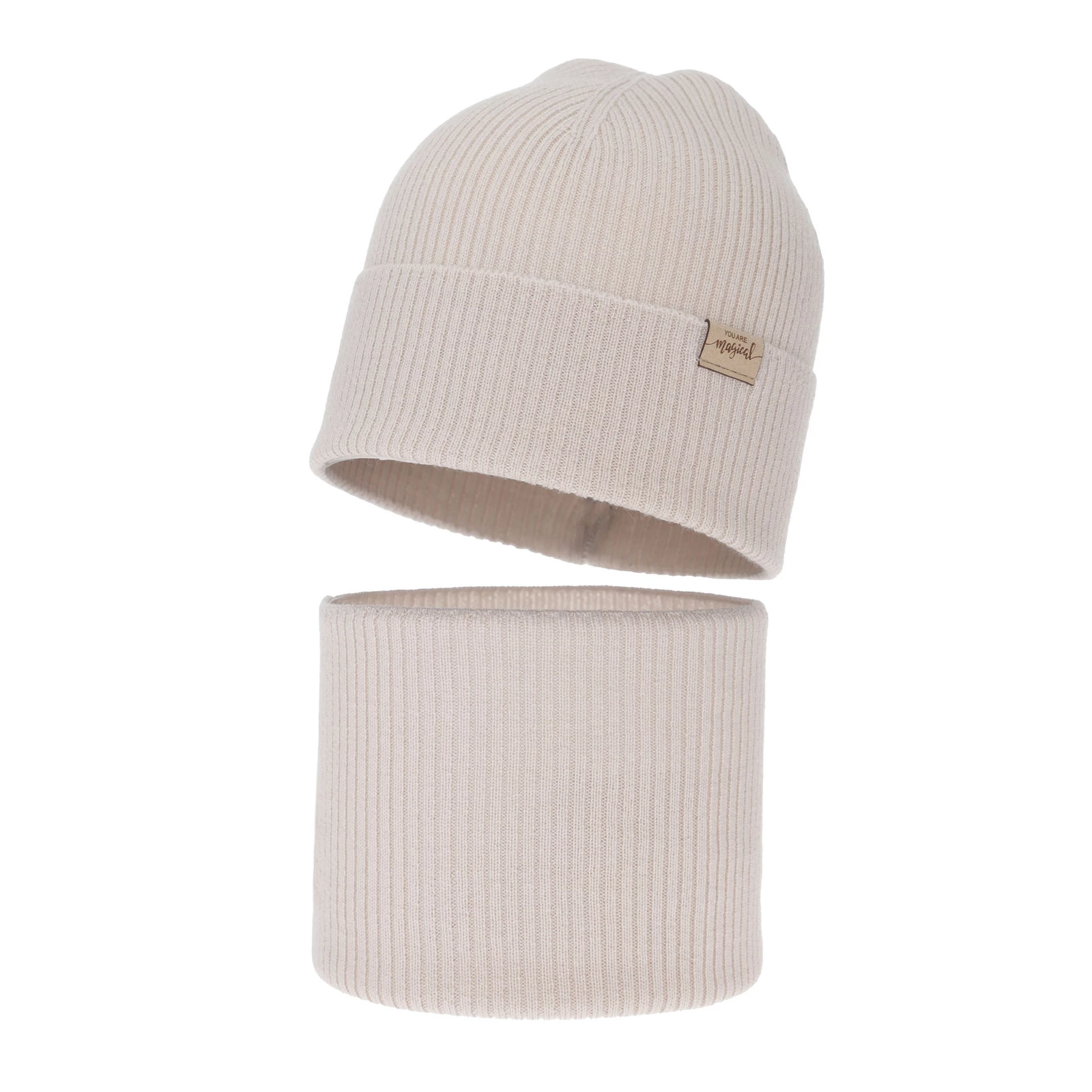 Czapka i komin dla dziewczynki jesienny, wiosenny komplet, beżowy, 100% wełniany merino Magenta