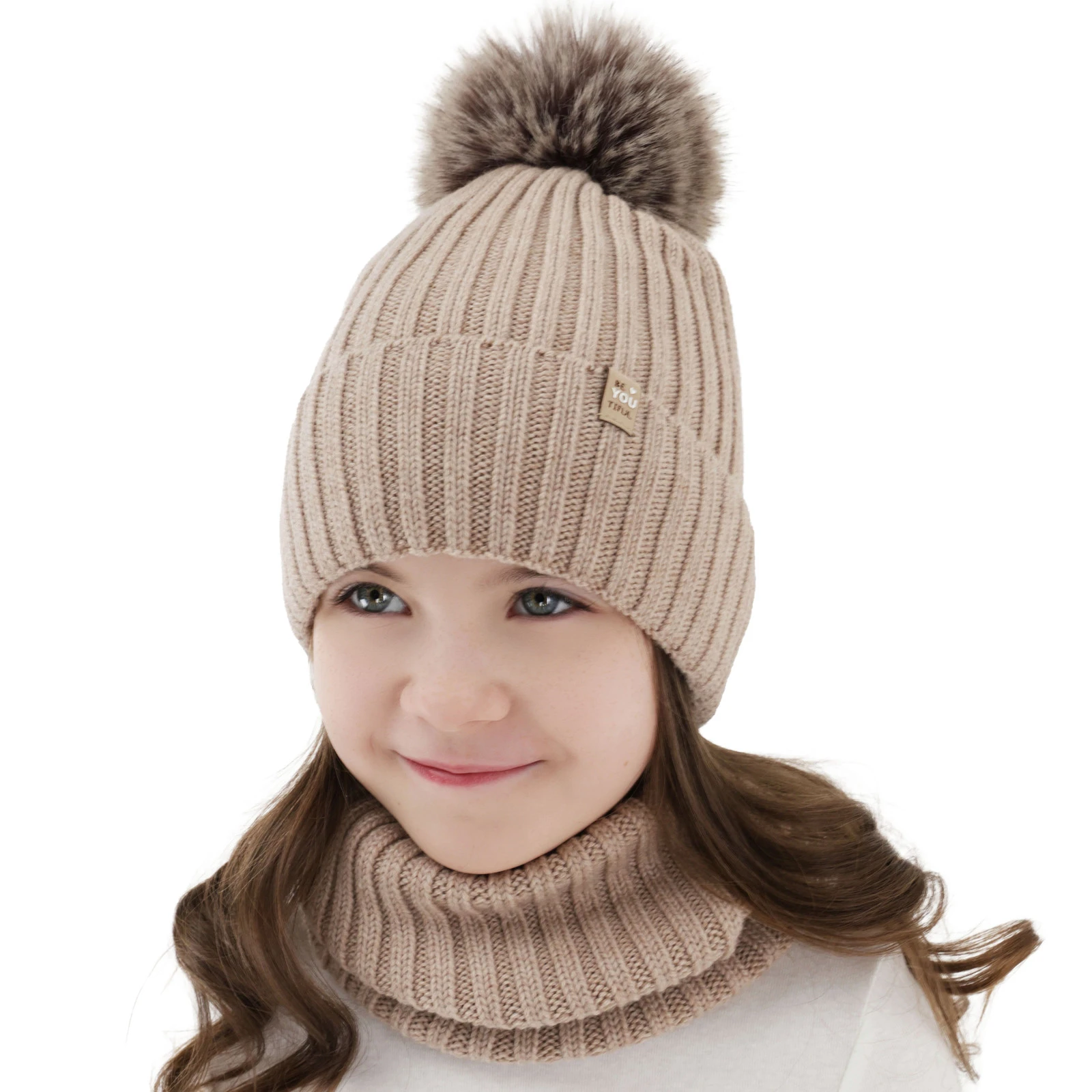 Czapka i komin dla dziewczynki zimowy komplet, 100% wełniany merino, podszyty bawełną, z pomponem, beżowy, Terida