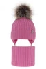 Czapka i komin dla dziewczynki zimowy komplet, różowy, 100% wełniany merino, wiązany Junika