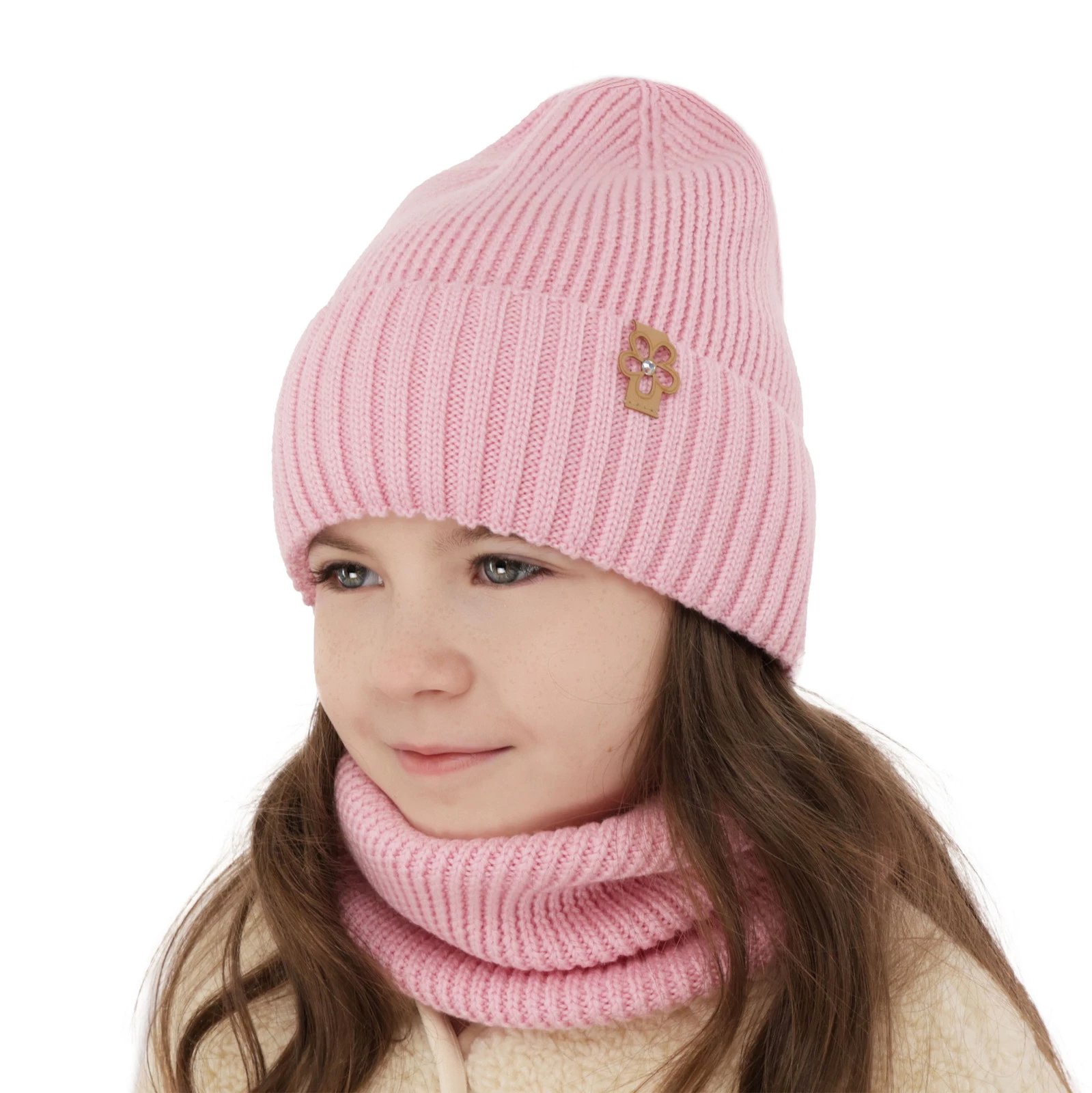 Czapka i komin dla dziewczynki zimowy komplet, jasnoróżowy, 100% wełniany merino Nelita