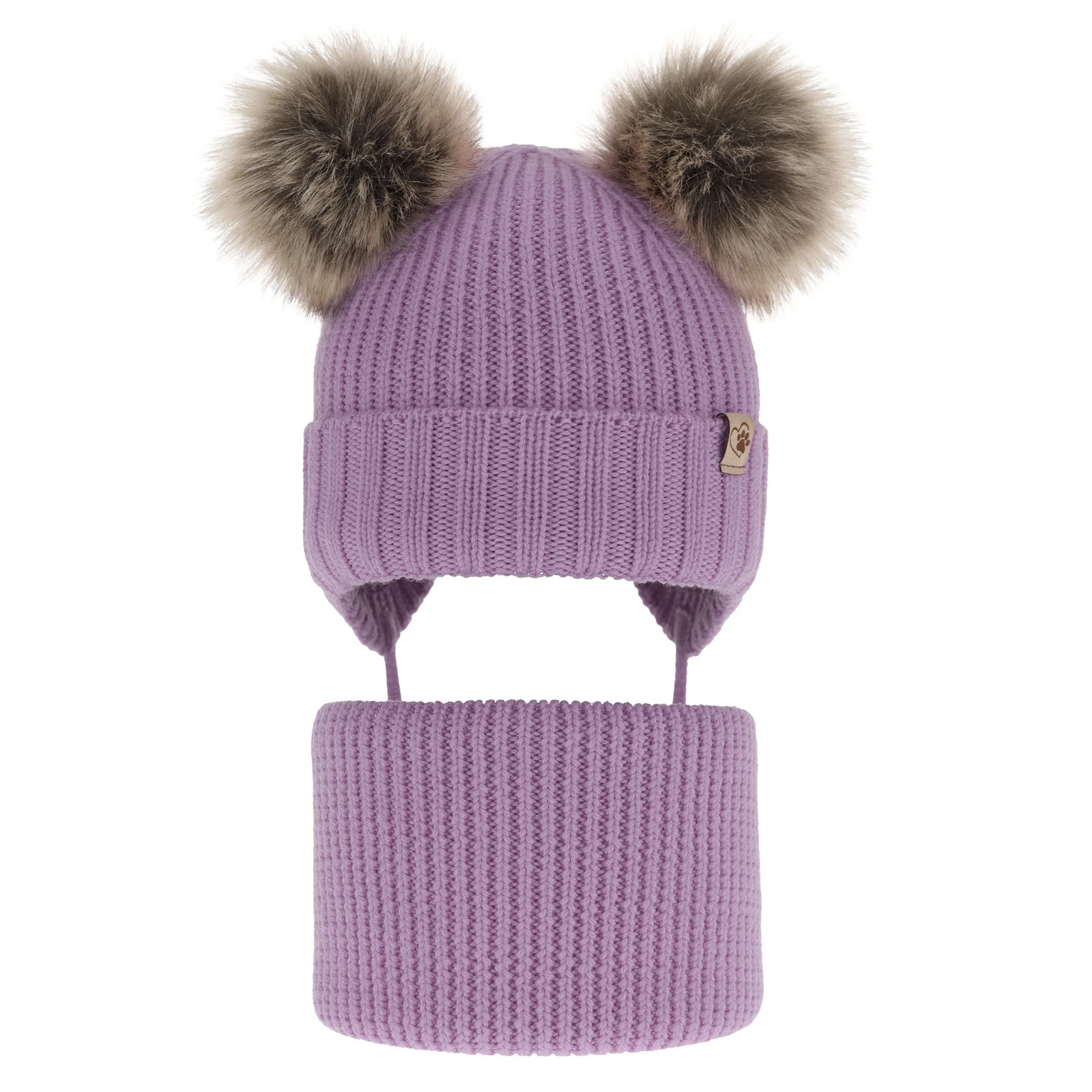Czapka i komin dla dziewczynki zimowy komplet, fioletowy, wiązany, 100% wełniany merino, z dwoma pomponami Silvia